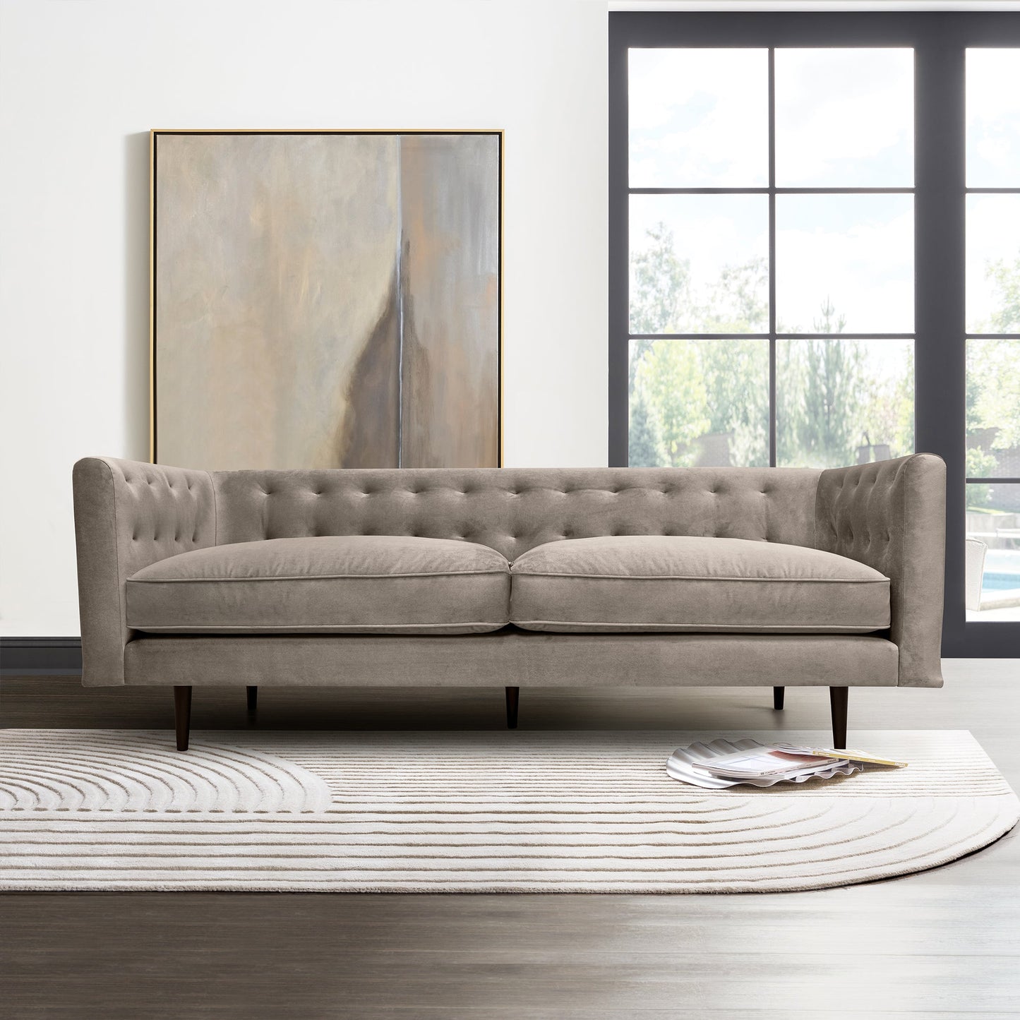 Annabelle 80" Fossil Gray Velvet Sofa with Black Wood Legs
