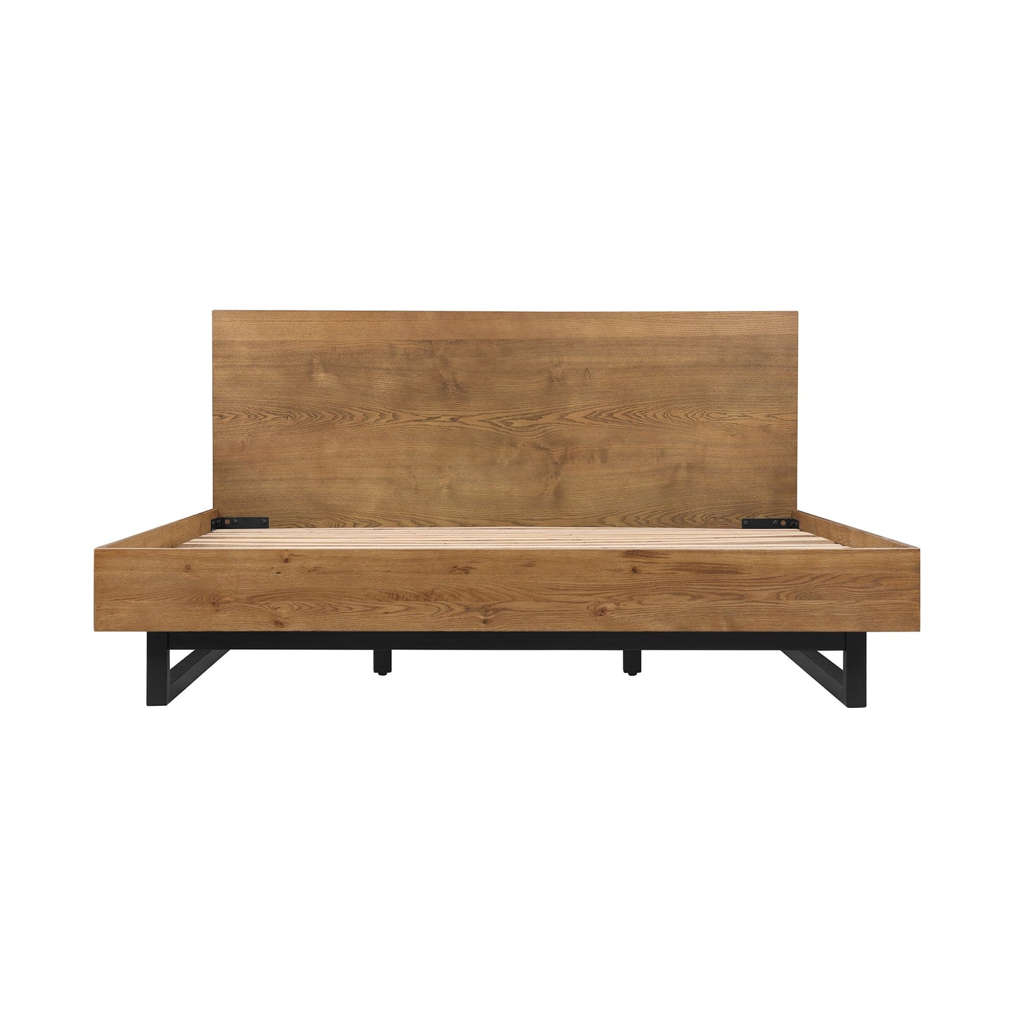 Aldo Brown Oak Wood Platform Bed Frame with Black Metal Legs