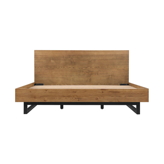 Aldo Brown Oak Wood Platform Bed Frame with Black Metal Legs