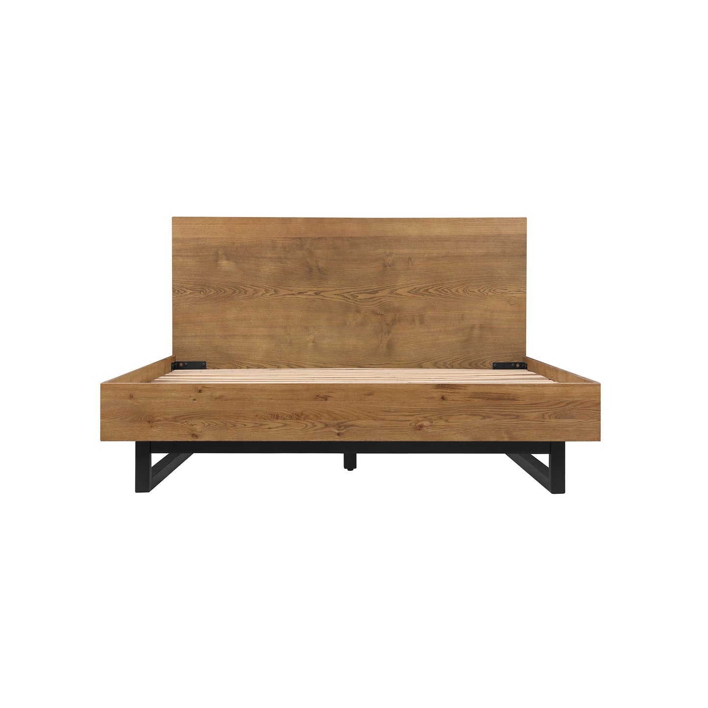 Aldo Brown Oak Wood Platform Bed Frame with Black Metal Legs
