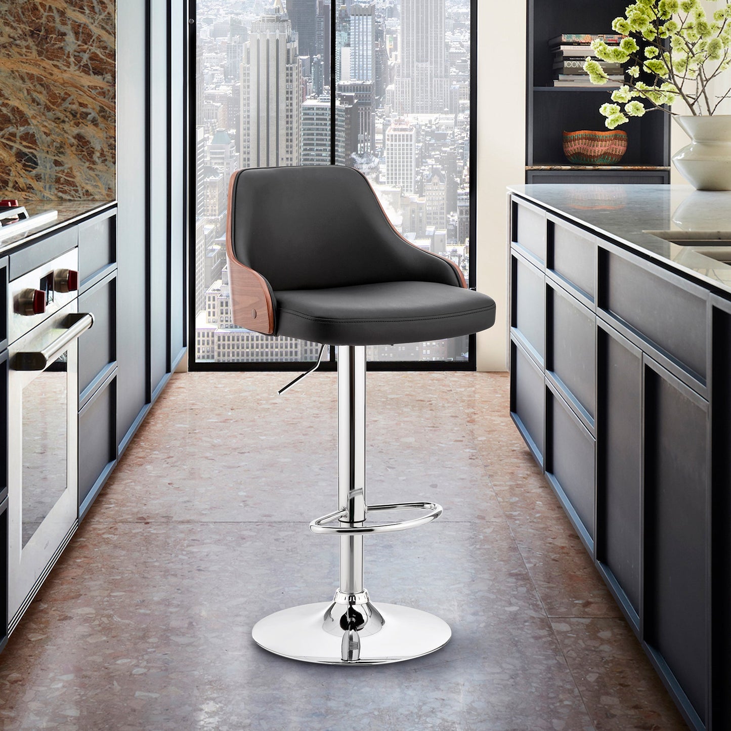 Asher Adjustable Faux Leather and Chrome Finish Bar Stool