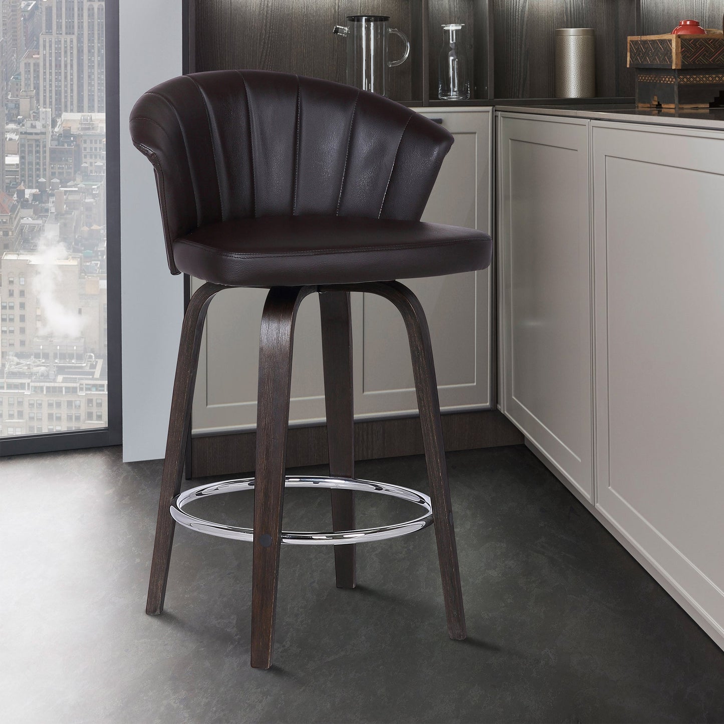 Ashley Wood Back Swivel Faux Leather Bar Stool
