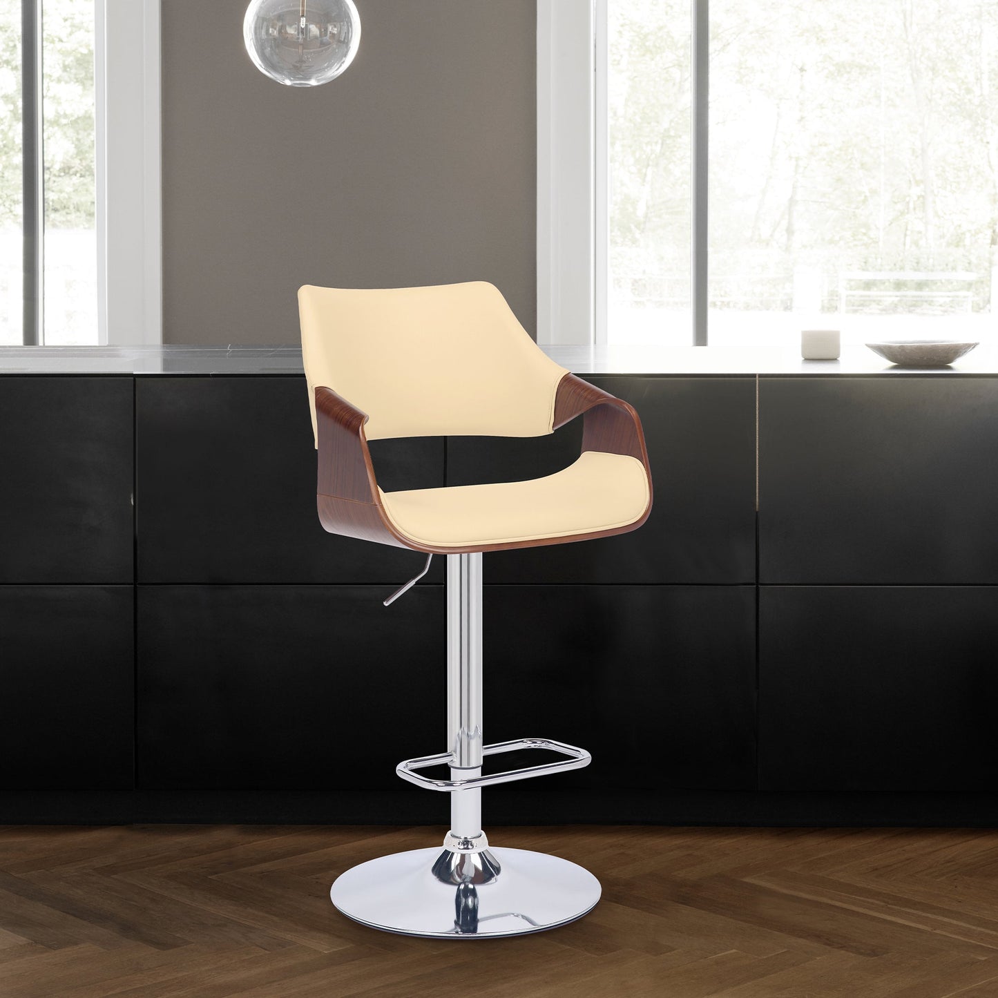 Aspen Adjustable Swivel Faux Leather and Walnut Wood Bar Stool with Base