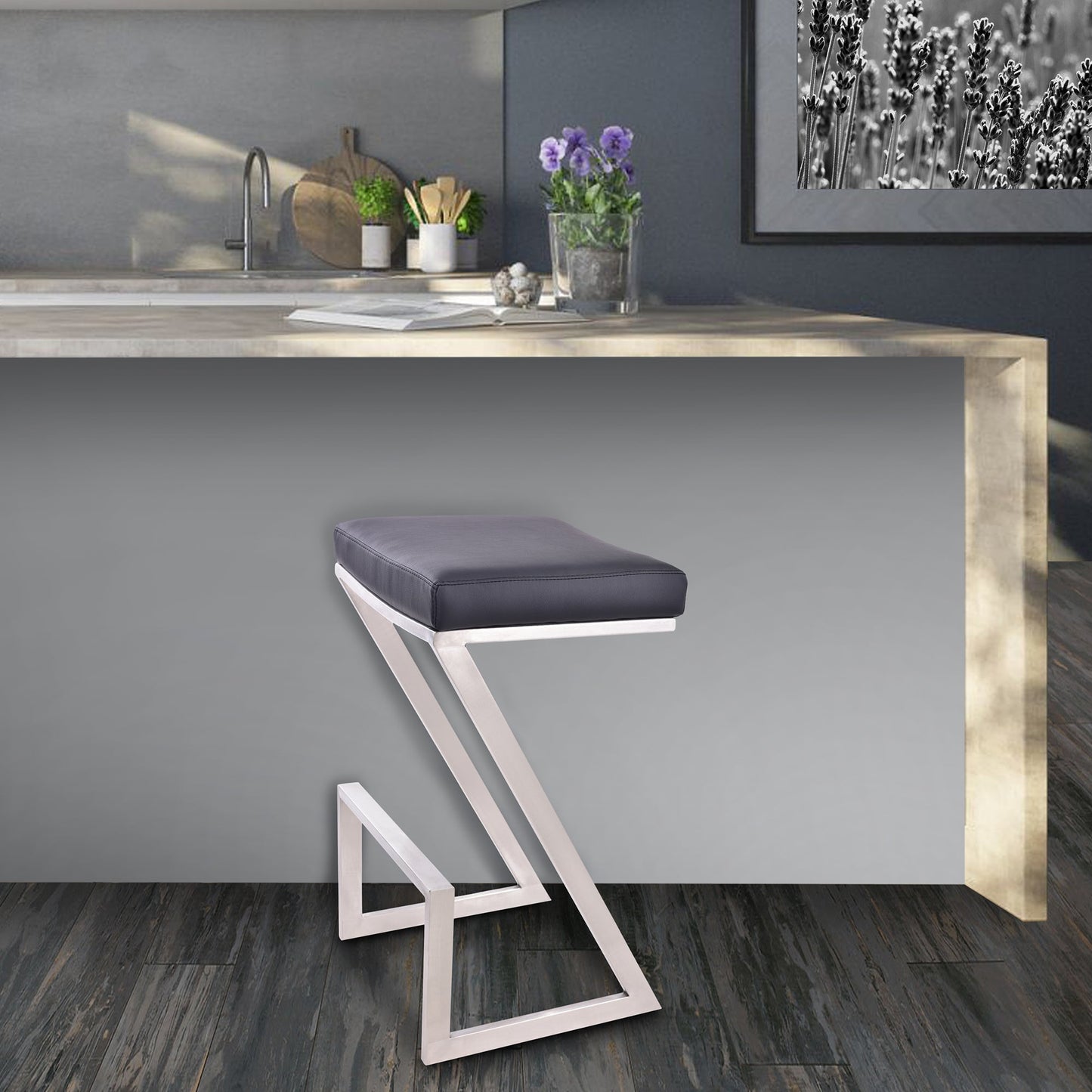 Atlantis 26" Counter Height Backless Faux Leather and Brushed Stainless Steel Bar Stool