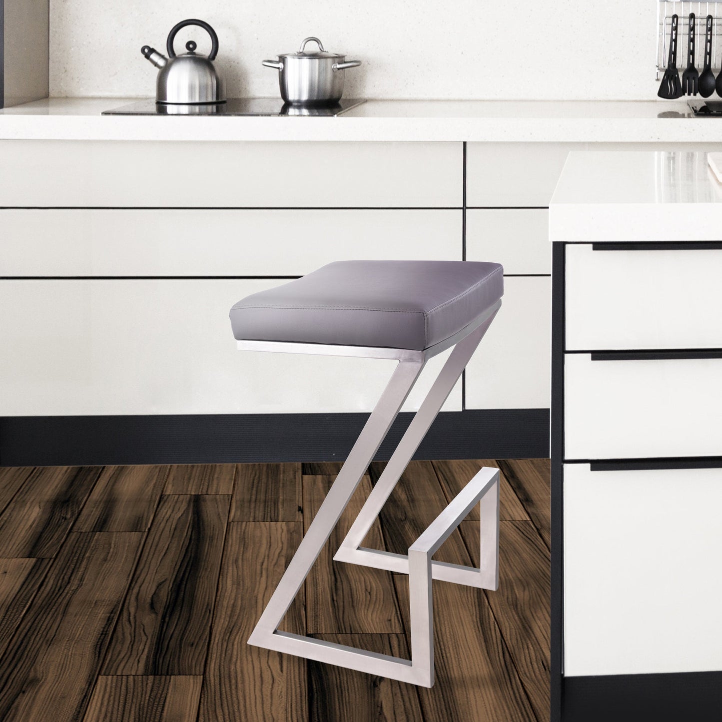 Atlantis 26" Counter Height Backless Faux Leather and Brushed Stainless Steel Bar Stool