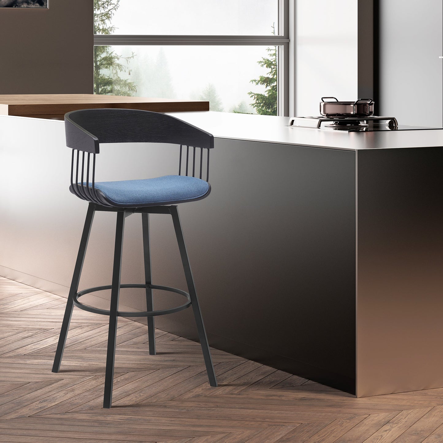 Athena Swivel Wood Counter and Bar Stool with Black Metal Base