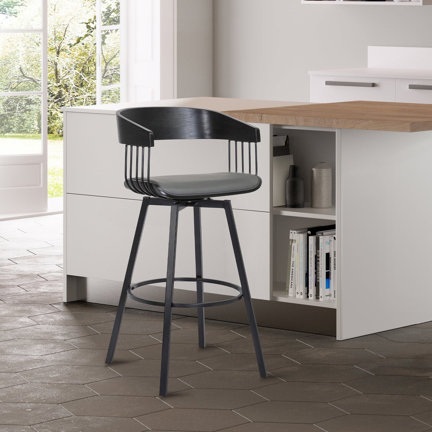 Athena Swivel Wood Counter and Bar Stool with Black Metal Base