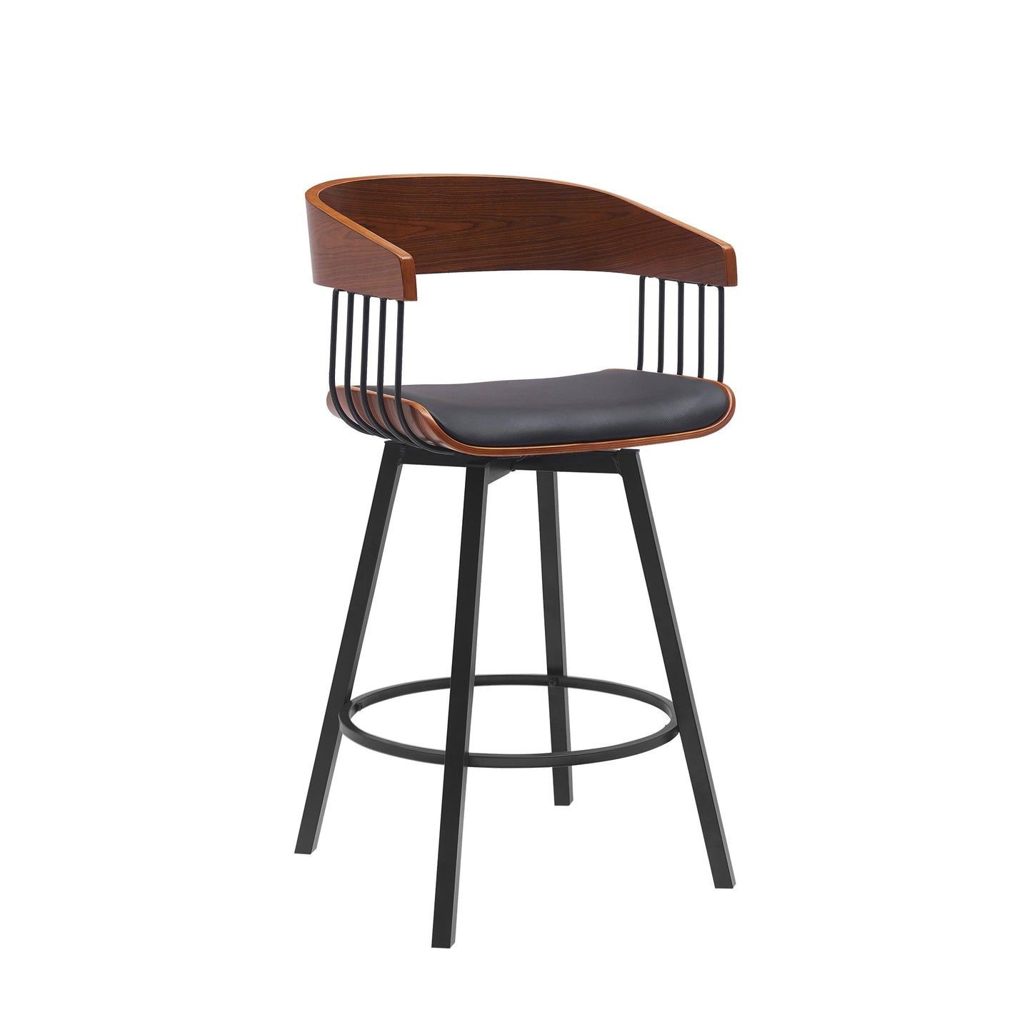 Athena Swivel Wood Counter and Bar Stool with Black Metal Base