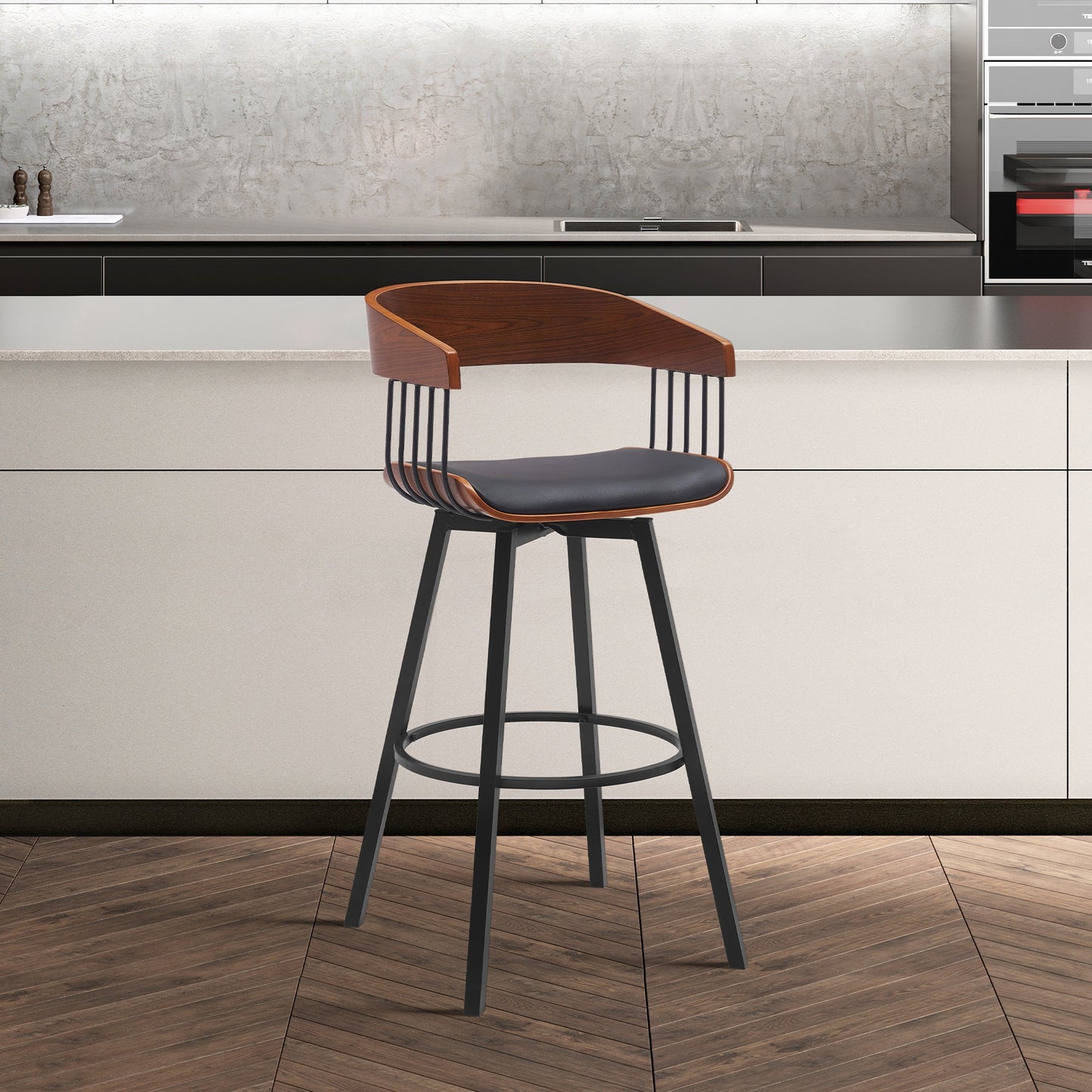 Athena Swivel Wood Counter and Bar Stool with Black Metal Base
