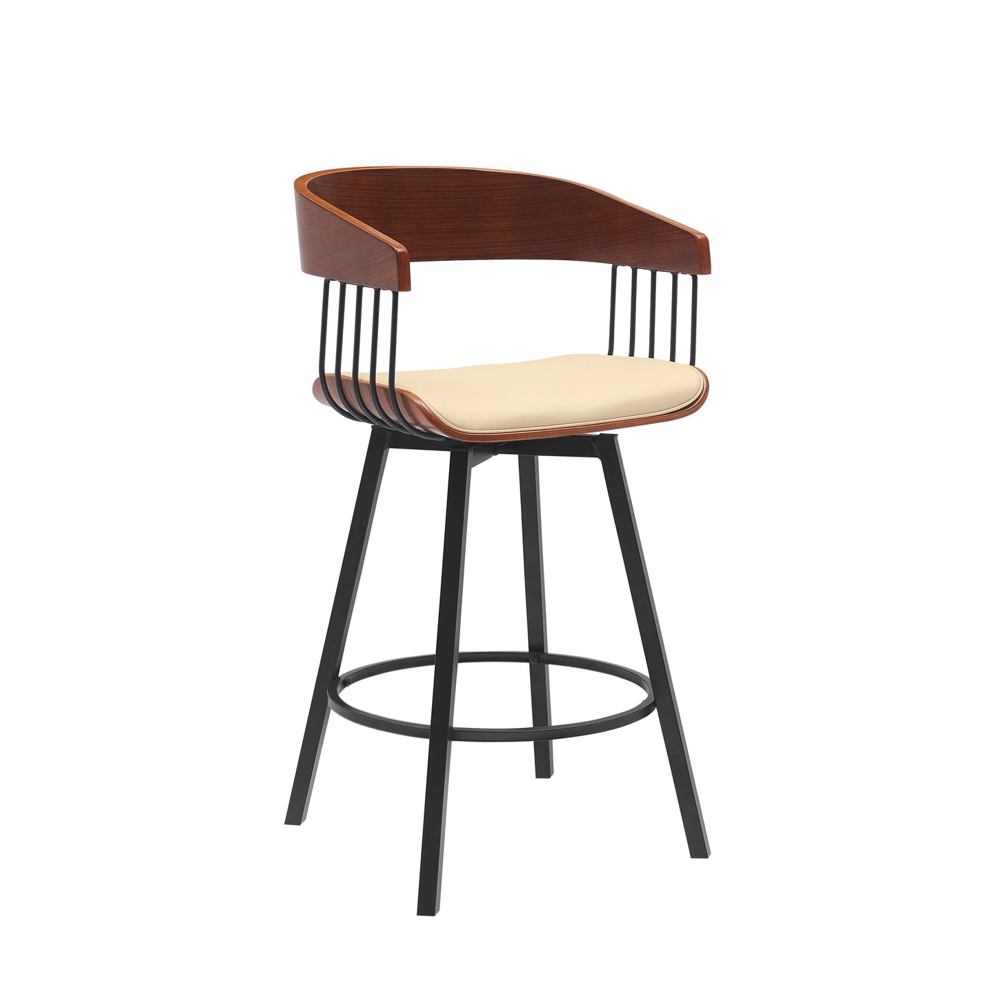 Athena Swivel Wood Counter and Bar Stool with Black Metal Base