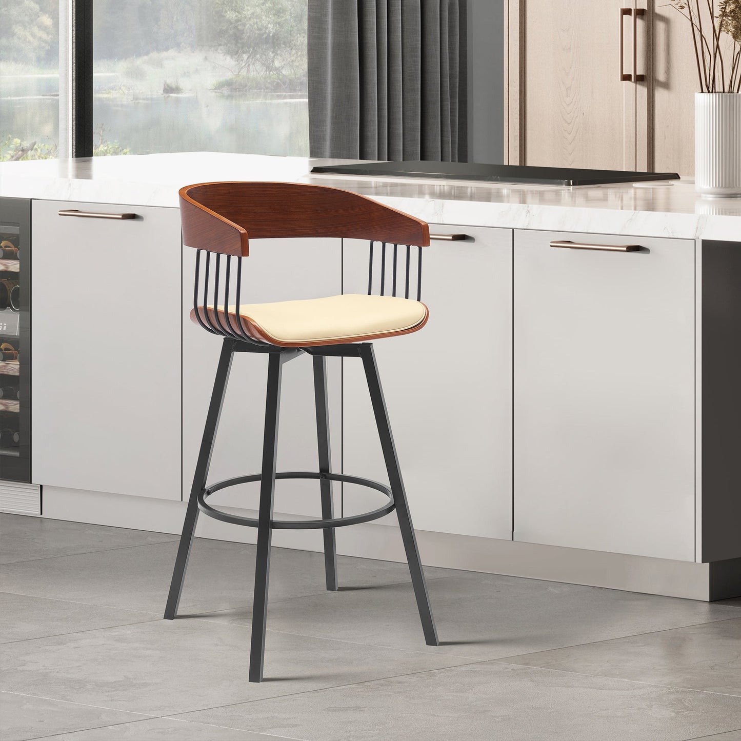 Athena Swivel Wood Counter and Bar Stool with Black Metal Base