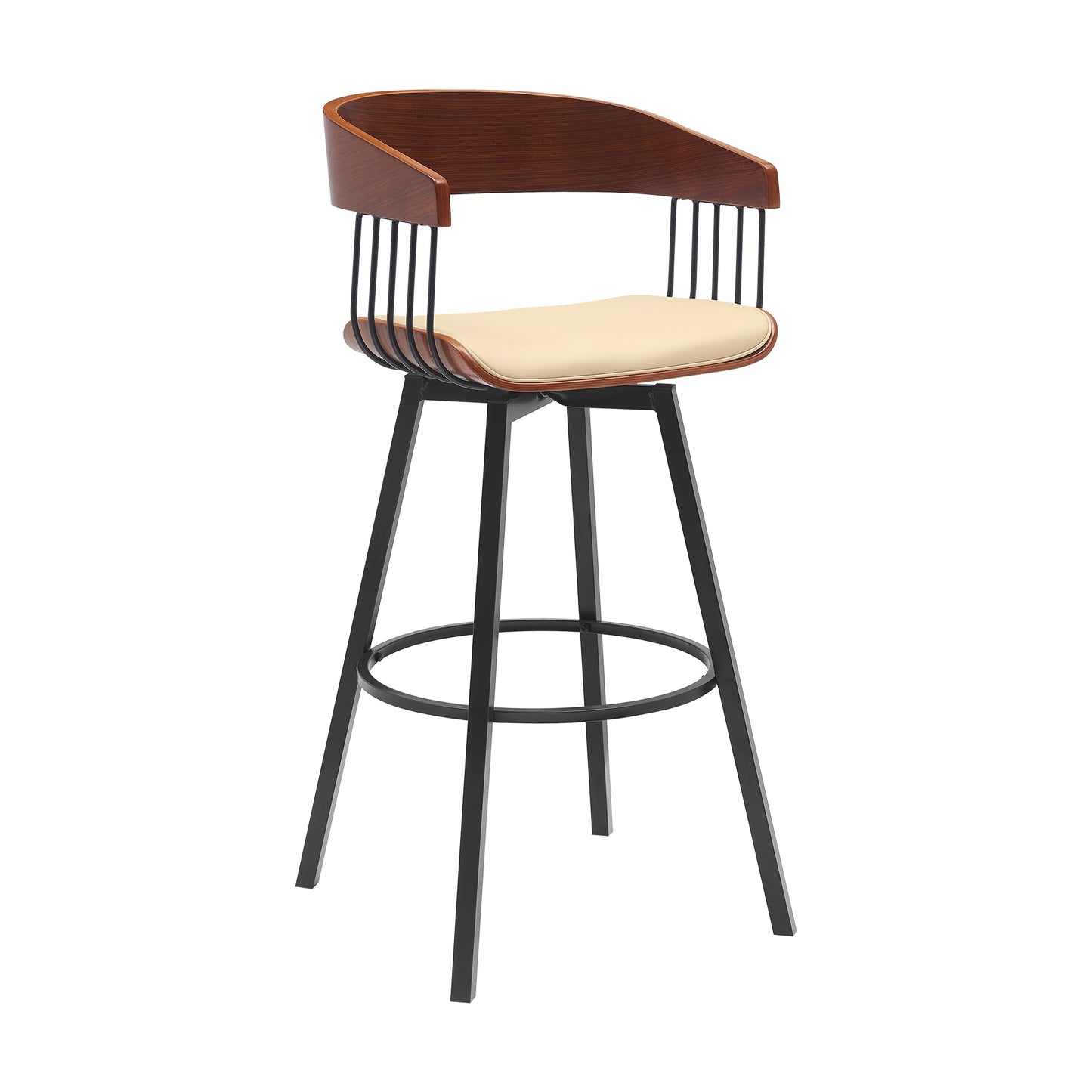 Athena Swivel Wood Counter and Bar Stool with Black Metal Base