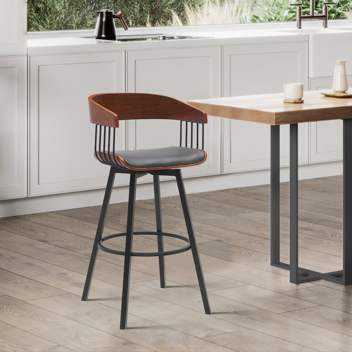 Athena Swivel Wood Counter and Bar Stool with Black Metal Base