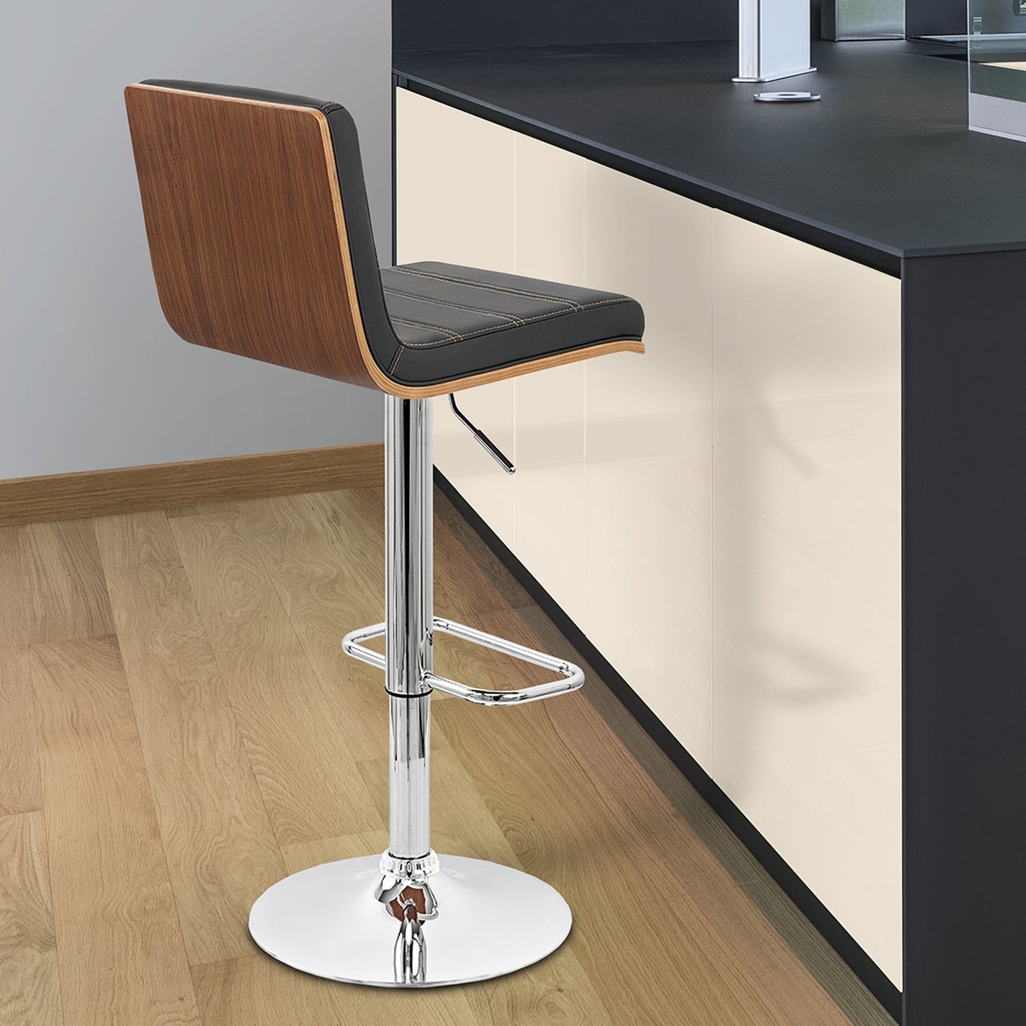 Aubrey Adjustable Height Swivel Faux Leather and Chrome Bar Stool with Walnut Wood
