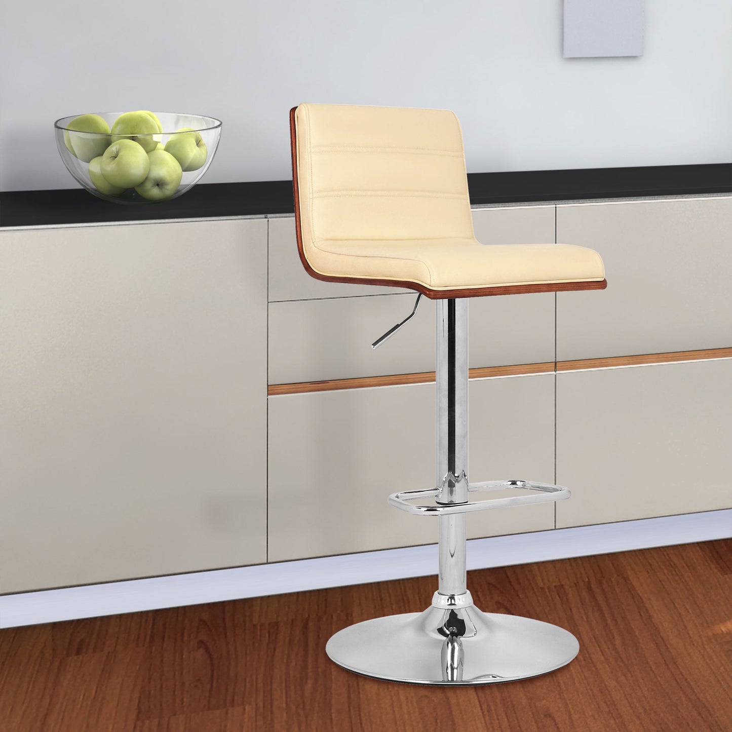 Aubrey Adjustable Height Swivel Faux Leather and Chrome Bar Stool with Walnut Wood