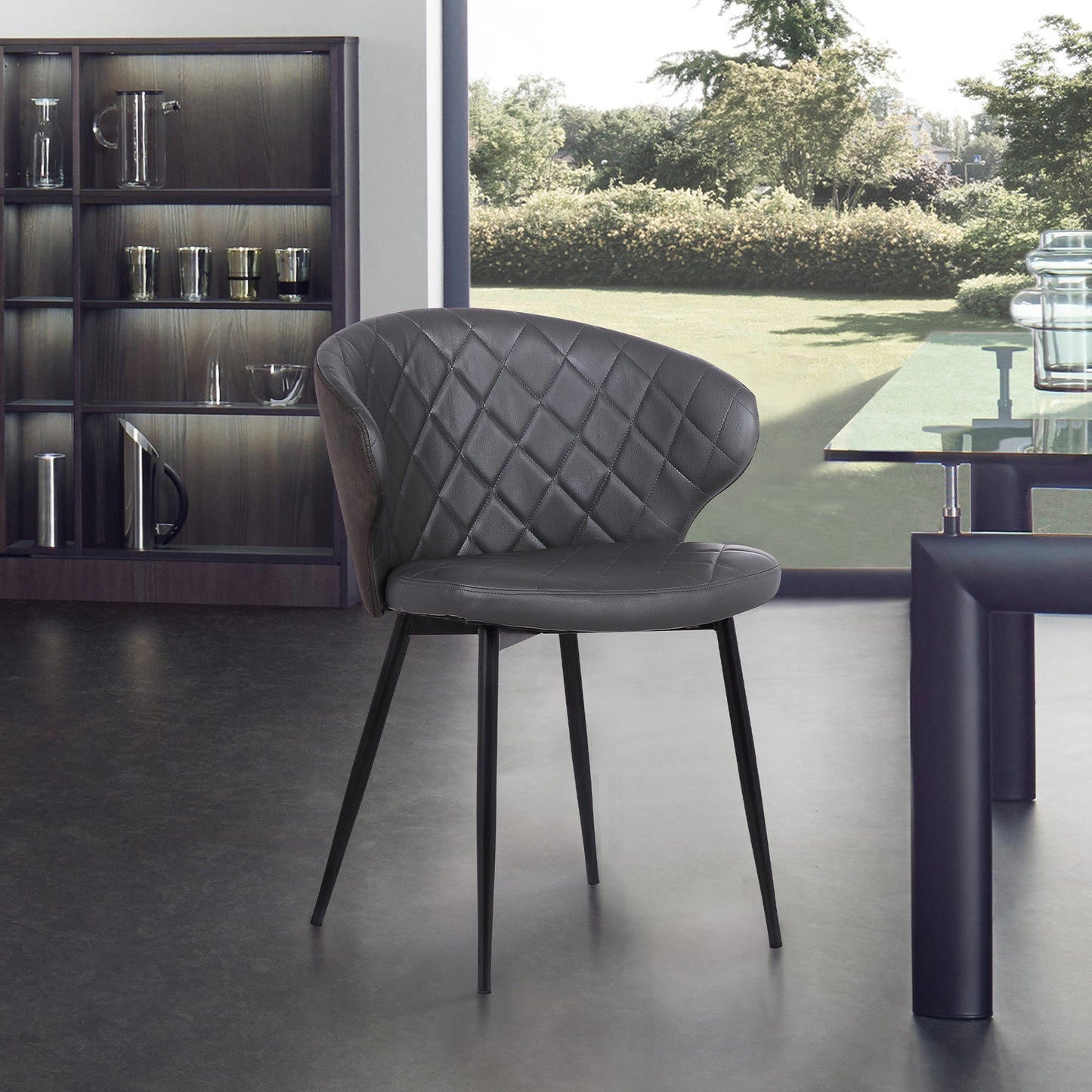 Ava Contemporary Dining Chair in Black Powder Coated Finish and Gray Faux Leather