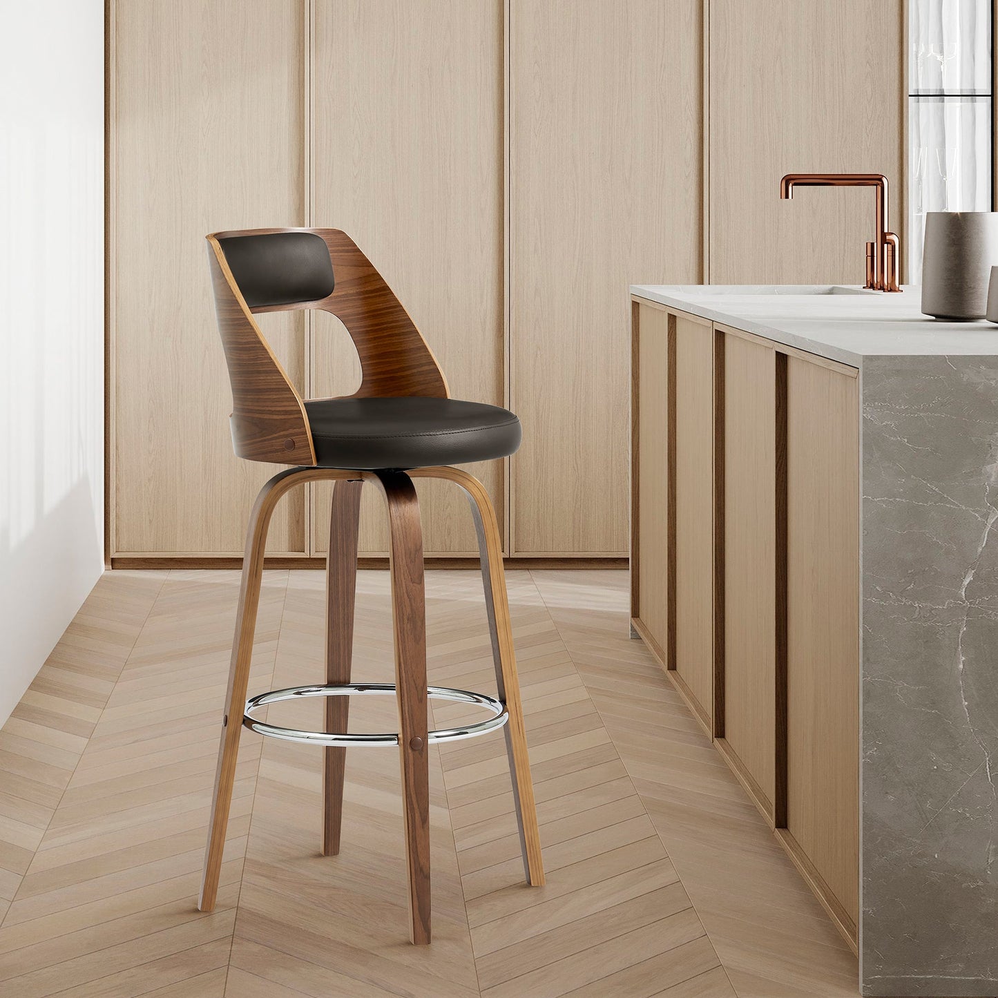 Axel Swivel Counter and Bar Stool in Faux Leather and Walnut Wood