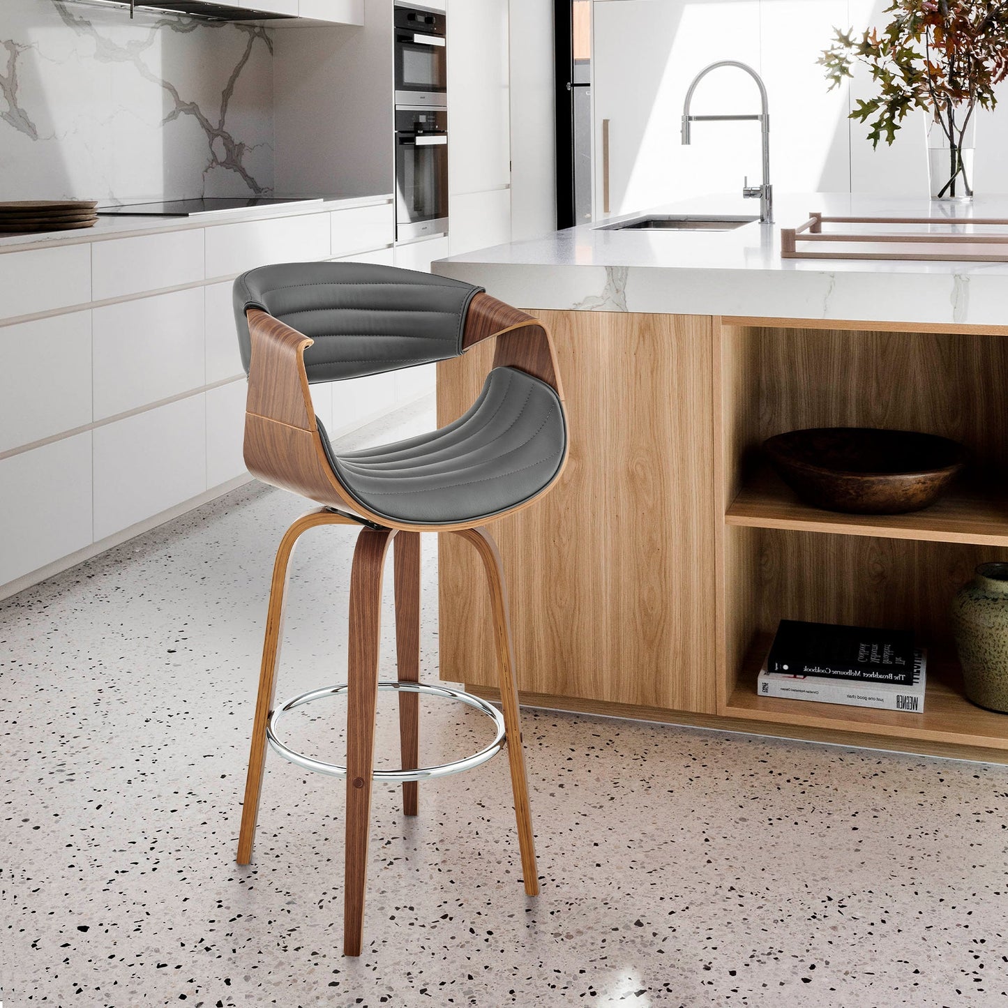 Arya Swivel Counter and Bar Stool in Faux Leather and Wood