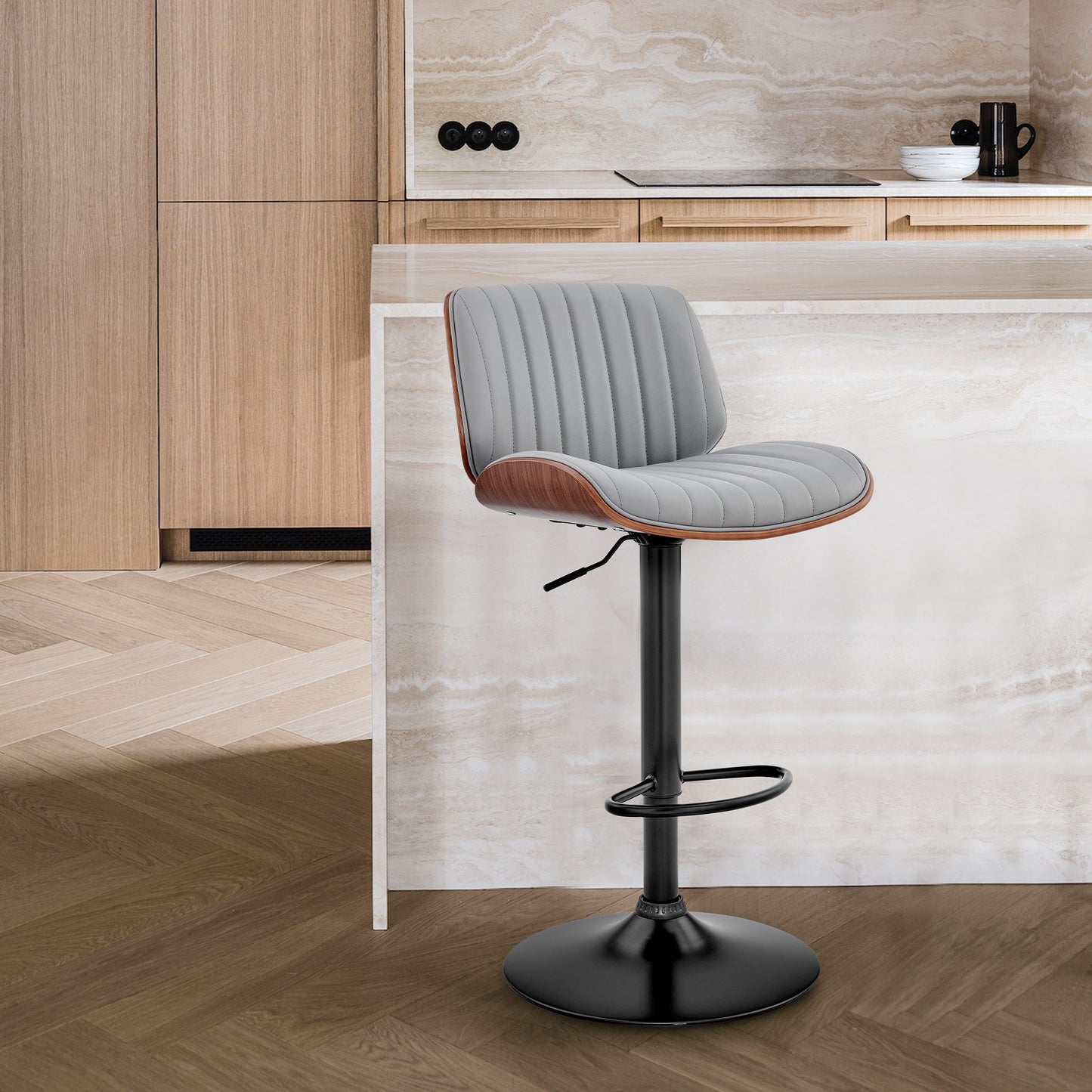 Brock Adjustable Faux Leather and Walnut Wood Bar Stool with Various Base Finishes
