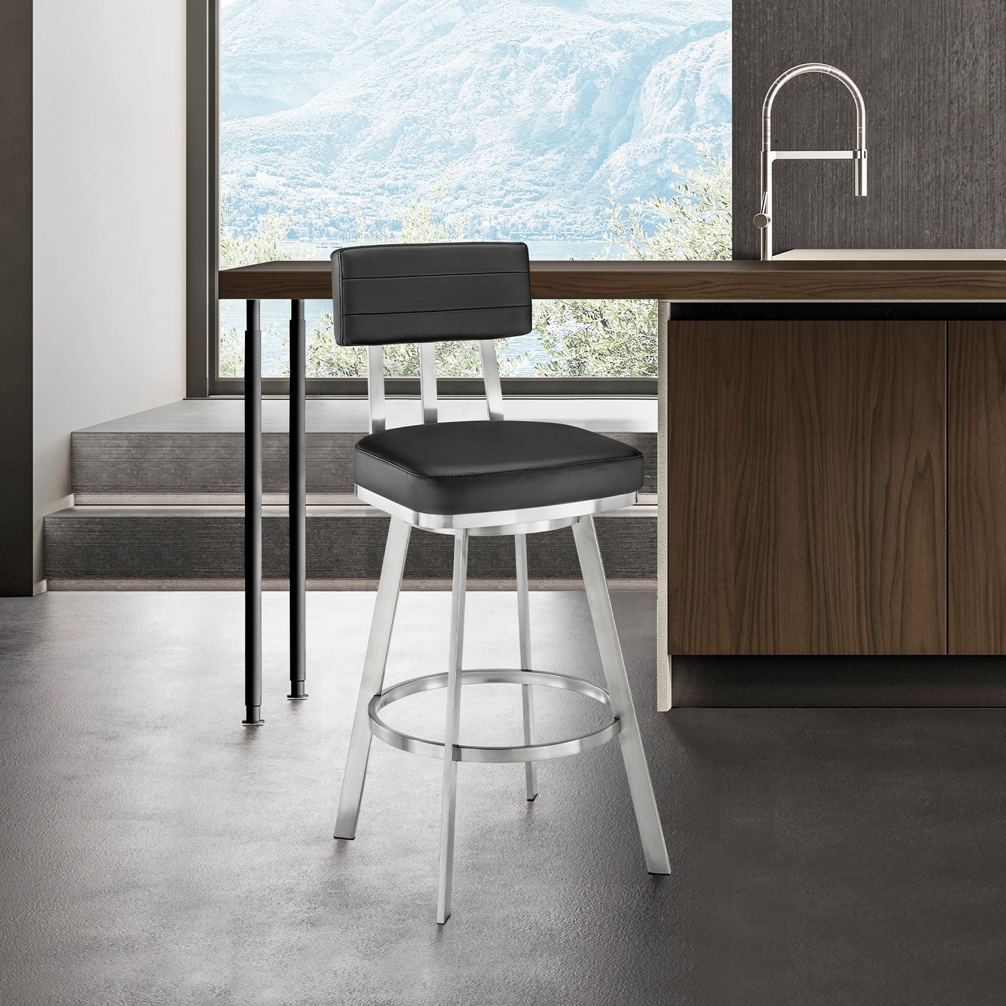 Benjamin Swivel Counter and Bar Stool in Brushed Stainless Steel with Faux Leather