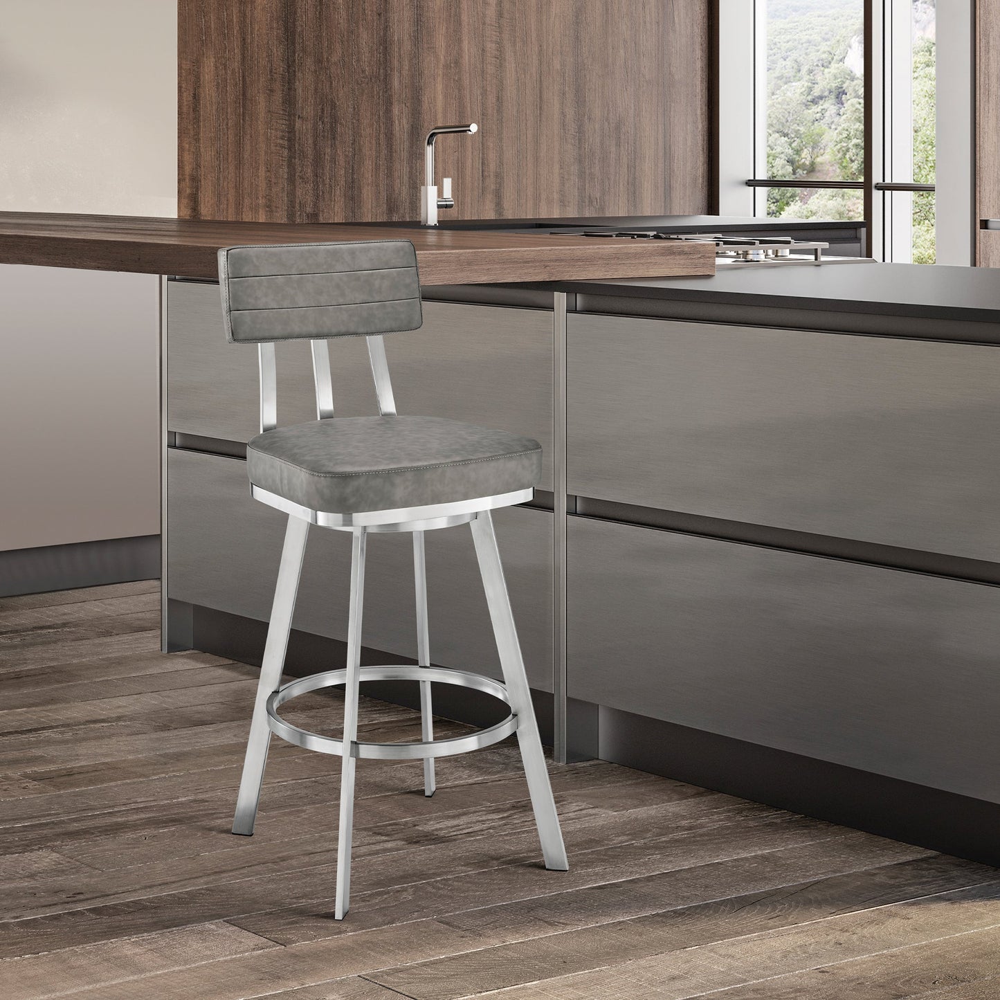 Benjamin Swivel Counter and Bar Stool in Brushed Stainless Steel with Faux Leather