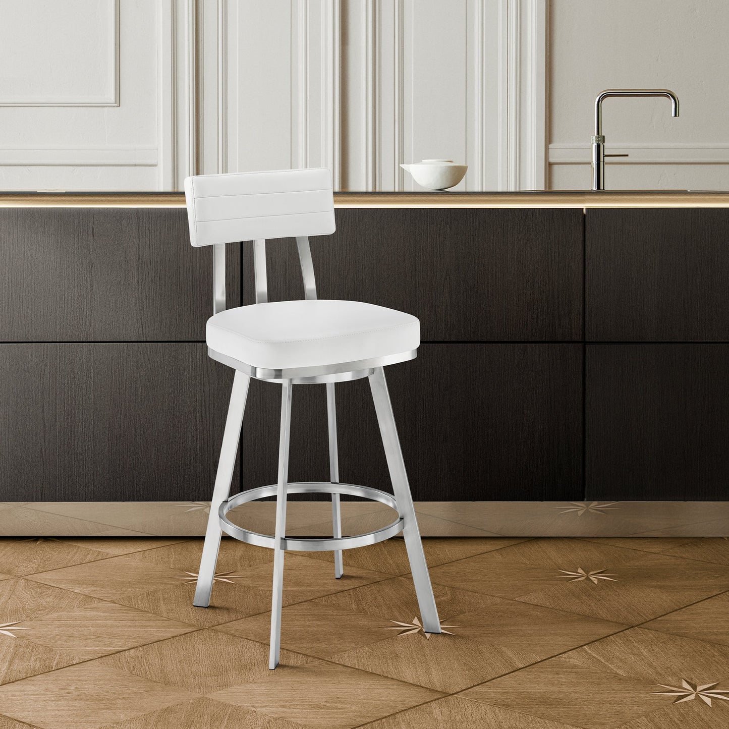 Benjamin Swivel Counter and Bar Stool in Brushed Stainless Steel with Faux Leather