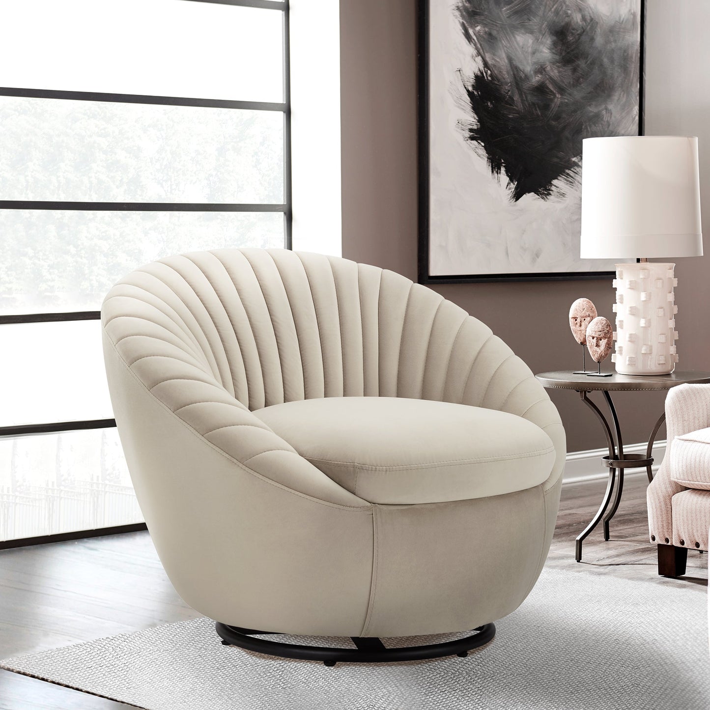 Bella Beige Velvet Swivel Accent Chair with Black Base
