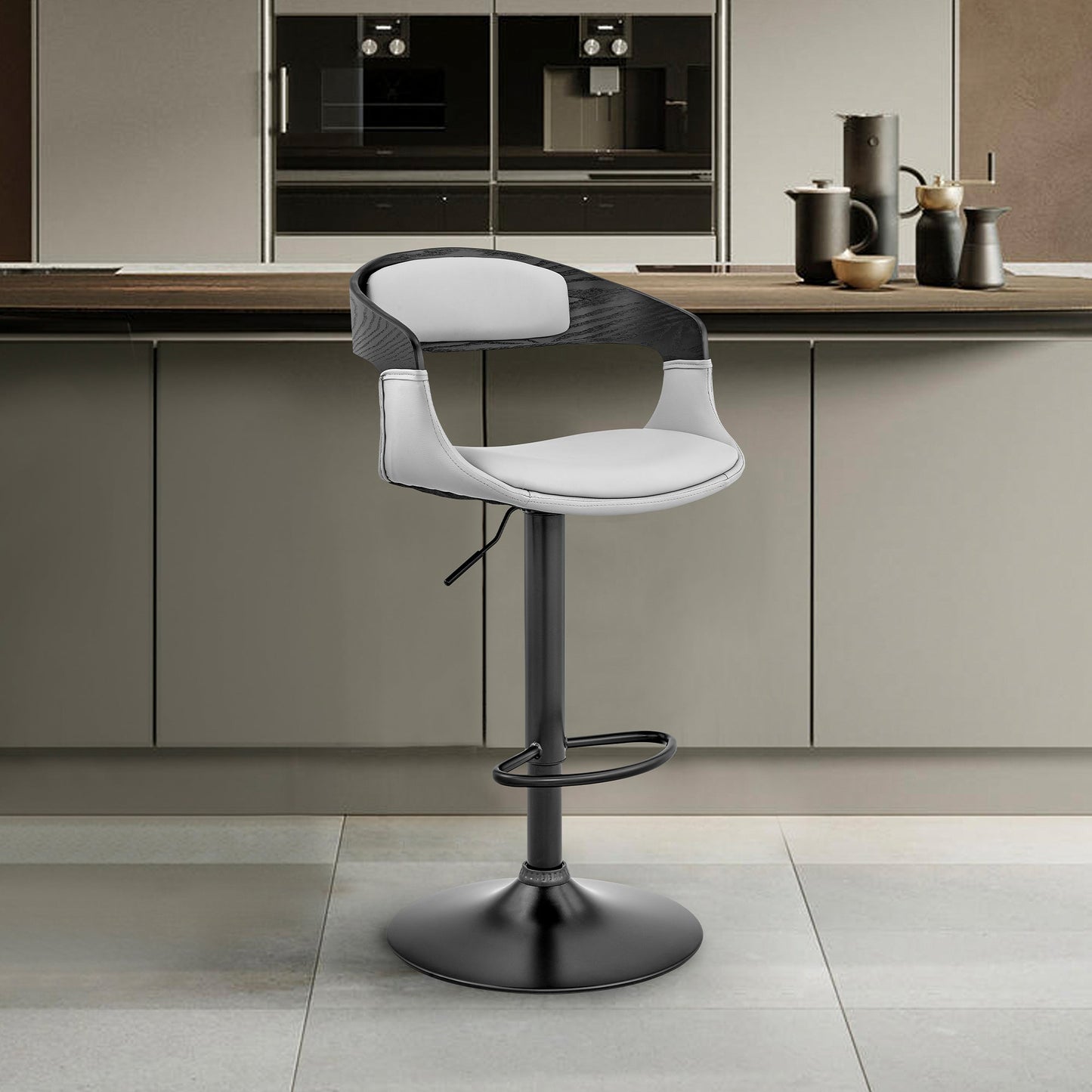 Benson Adjustable Faux Leather and Wood Bar Stool with Black and Chrome Base