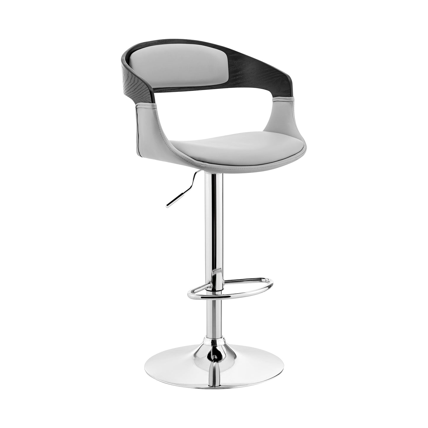 Benson Adjustable Faux Leather and Wood Bar Stool with Black and Chrome Base