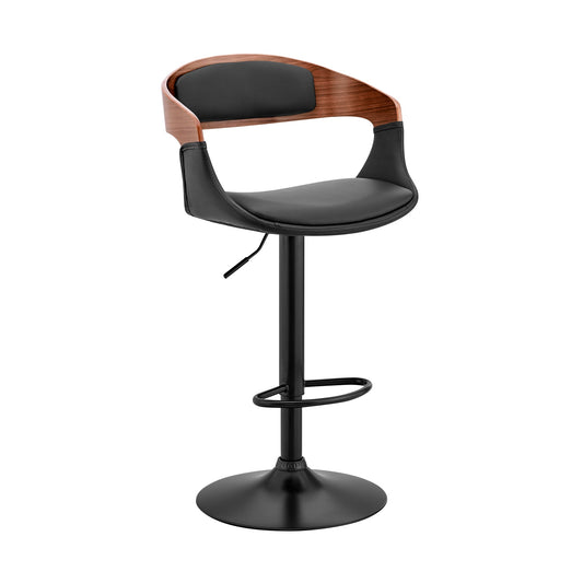 Benson Adjustable Faux Leather and Wood Bar Stool with Black and Chrome Base