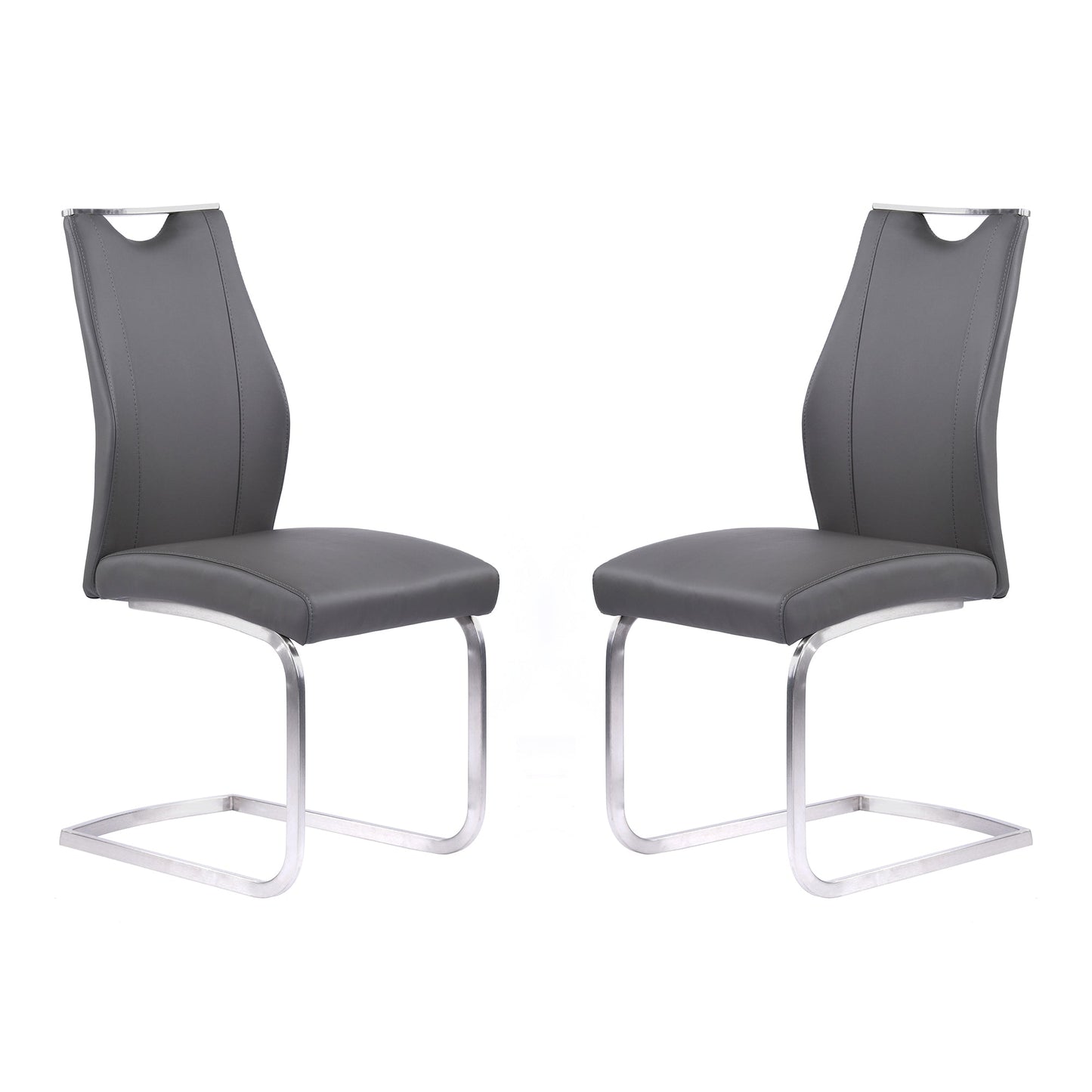 Bravo Contemporary Dining Chair in Gray Faux Leather and Brushed Stainless Steel Finish - Set of 2