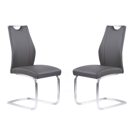 Bravo Contemporary Dining Chair in Gray Faux Leather and Brushed Stainless Steel Finish - Set of 2