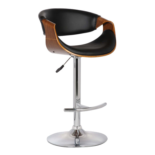 Butterfly Adjustable Height Swivel Faux Leather and Walnut Wood Bar Stool with Chrome Base