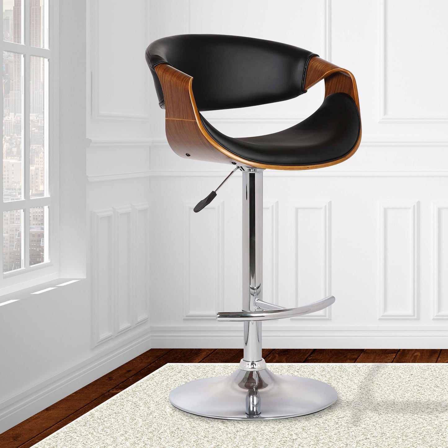 Butterfly Adjustable Height Swivel Faux Leather and Walnut Wood Bar Stool with Chrome Base