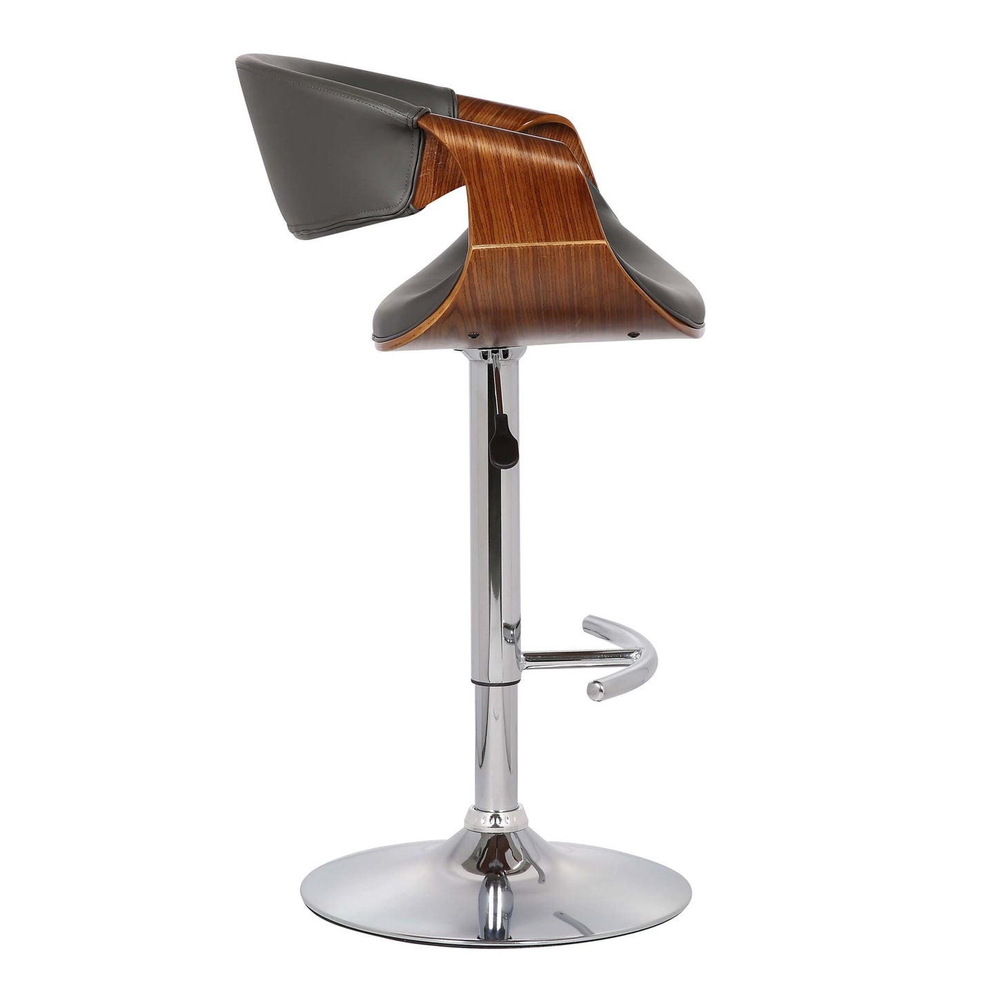 Butterfly Adjustable Height Swivel Faux Leather and Walnut Wood Bar Stool with Chrome Base