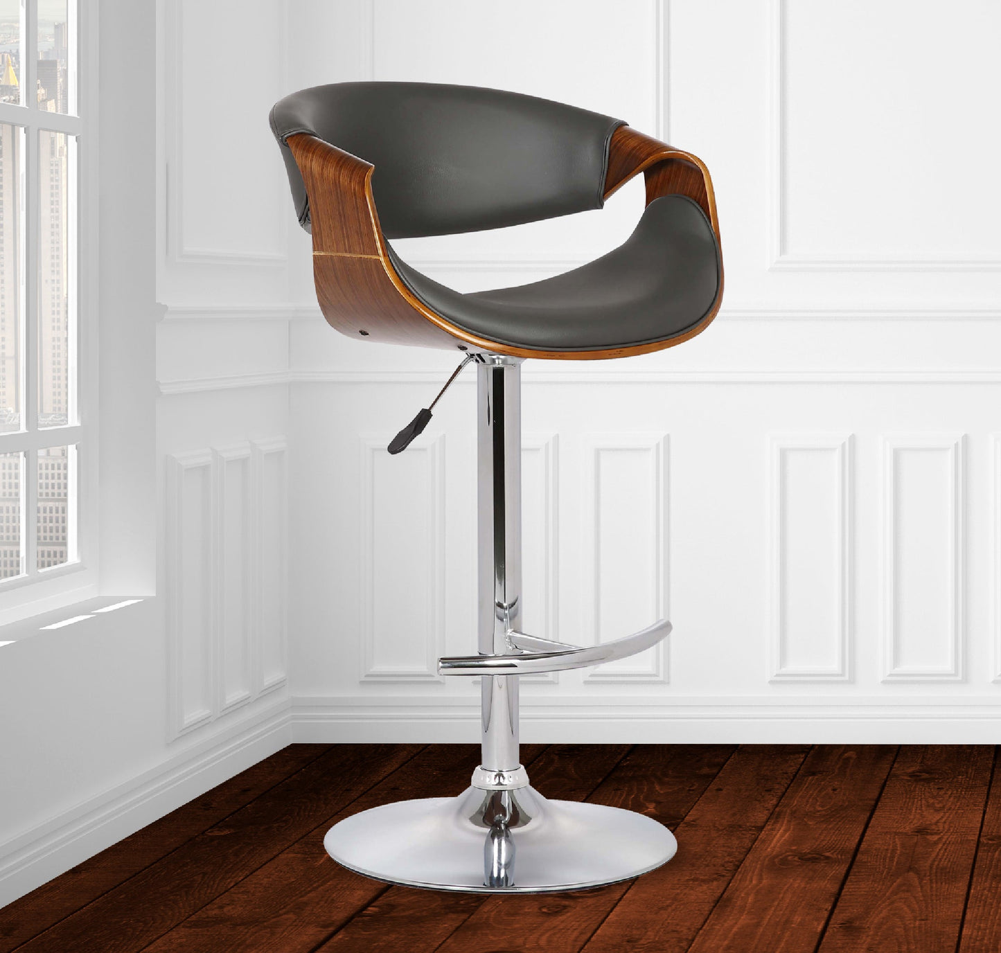 Butterfly Adjustable Height Swivel Faux Leather and Walnut Wood Bar Stool with Chrome Base