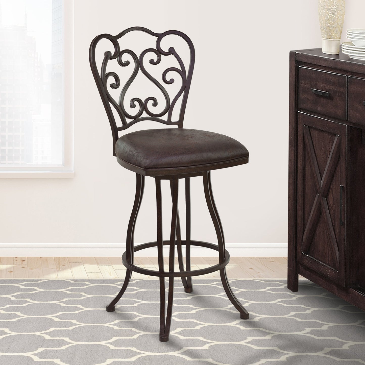Celeste Metal Swivel Barstool in Bandero Espresso Fabric and Auburn Bay Finish