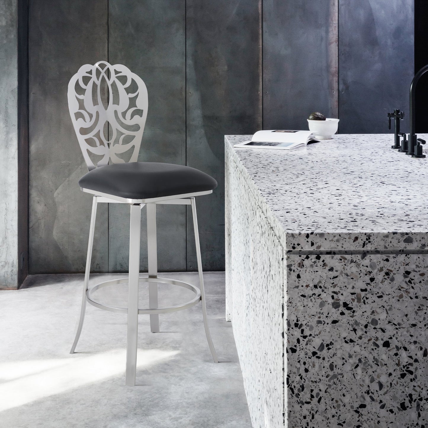 Cherie Contemporary Barstool in Brushed Stainless Steel Finish with Faux Leather