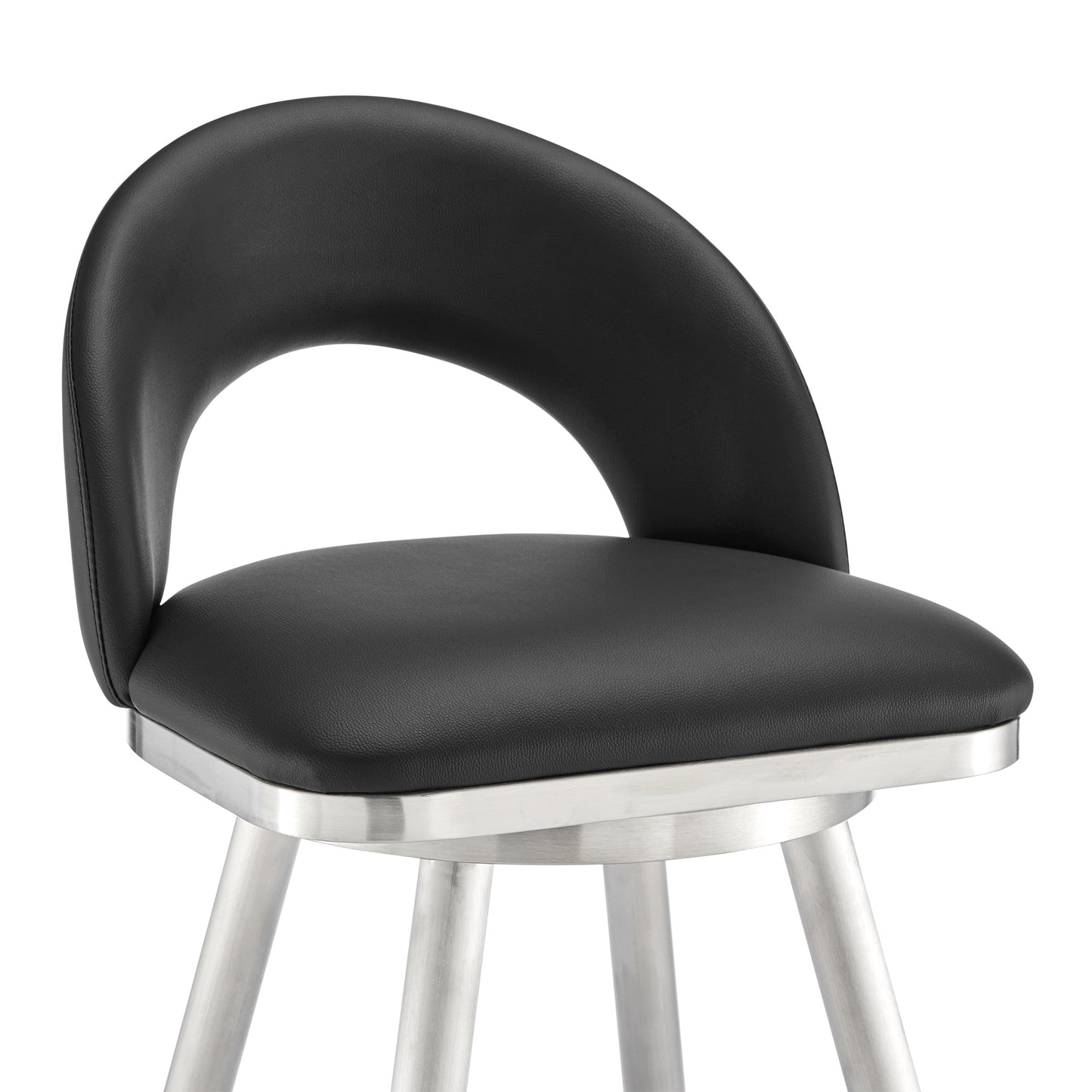 Charlotte Swivel Counter and Bar Stool in Brushed Stainless Steel and Faux Leather