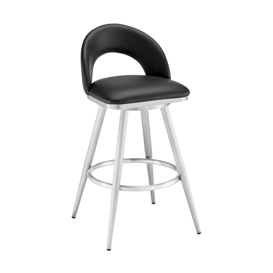 Charlotte Swivel Counter and Bar Stool in Brushed Stainless Steel and Faux Leather