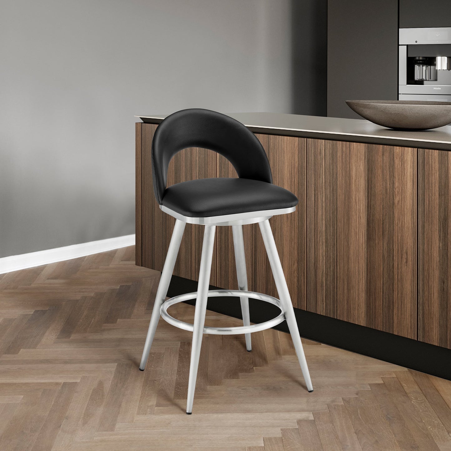 Charlotte Swivel Counter and Bar Stool in Brushed Stainless Steel and Faux Leather