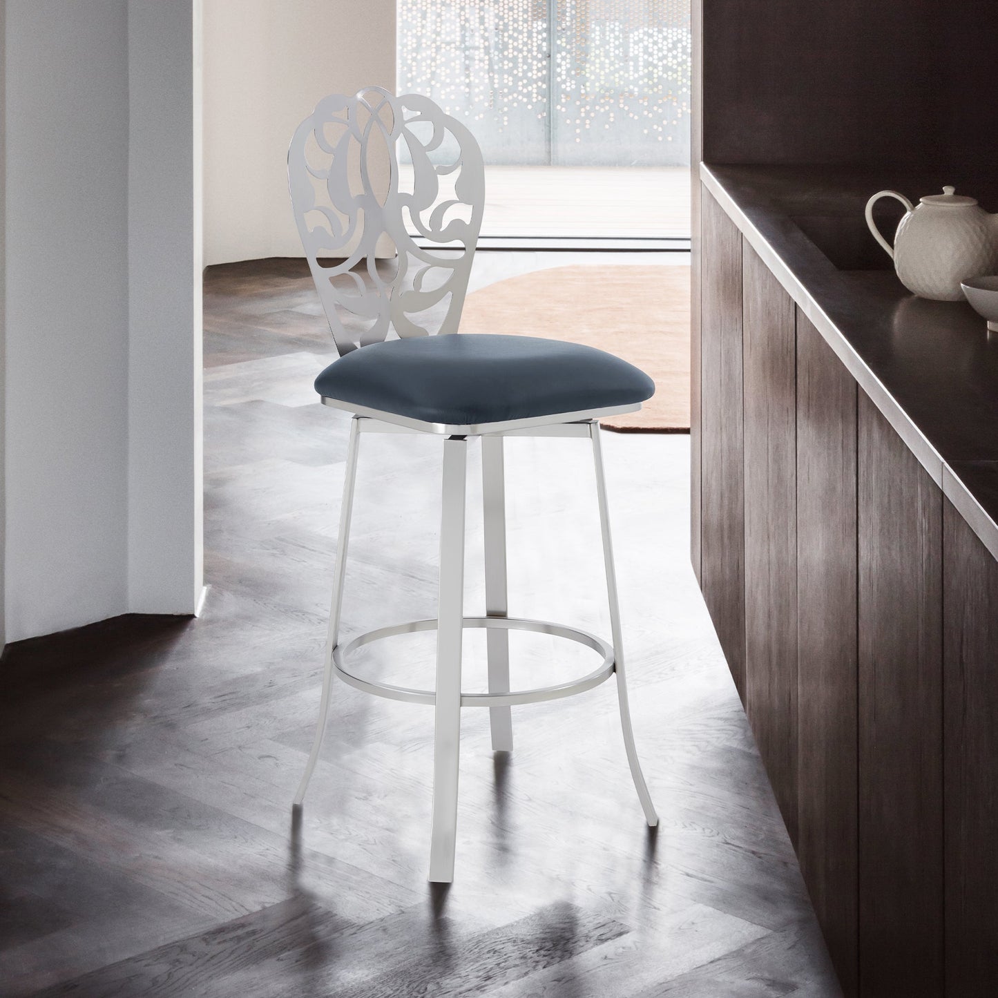 Cherie Contemporary Barstool in Brushed Stainless Steel Finish with Faux Leather