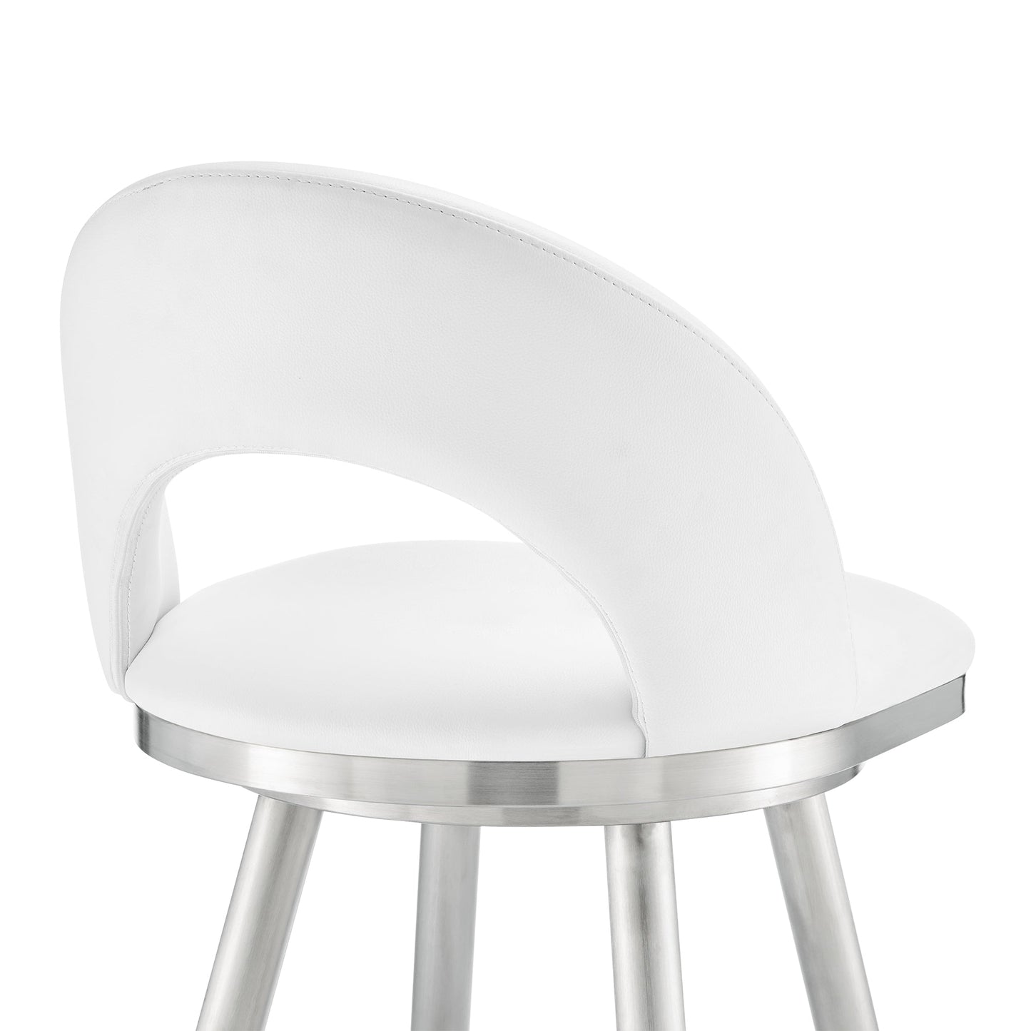 Charlotte Swivel Counter and Bar Stool in Brushed Stainless Steel and Faux Leather