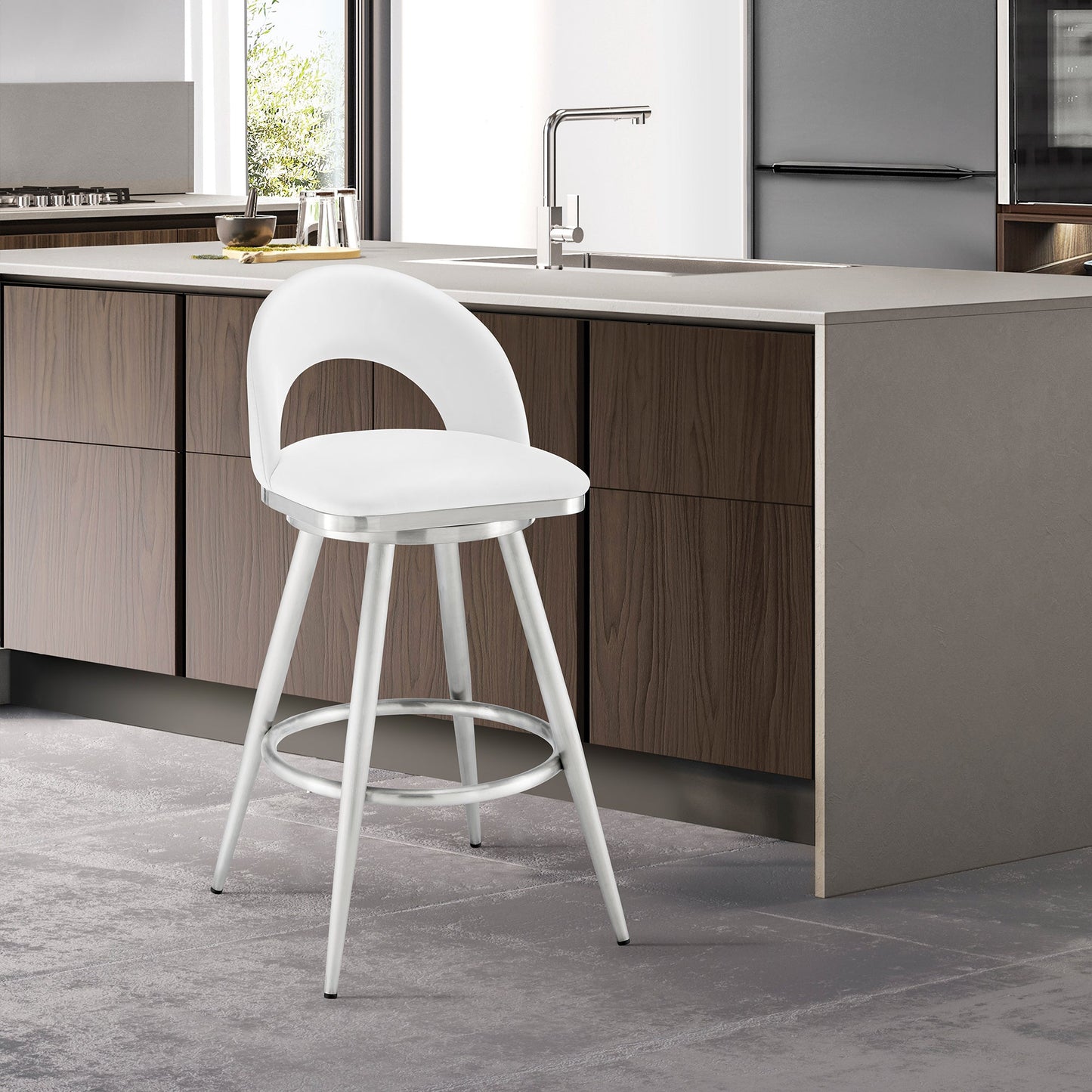 Charlotte Swivel Counter and Bar Stool in Brushed Stainless Steel and Faux Leather
