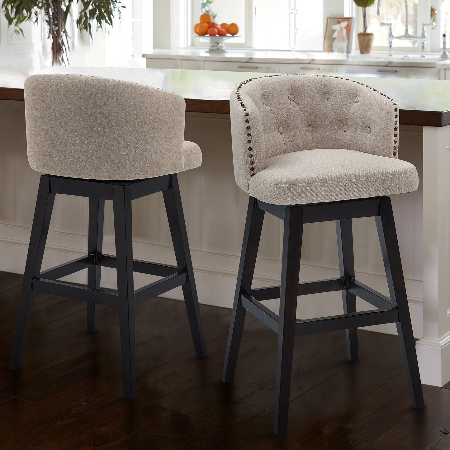 Celine Swivel Fabric and Espresso Wood Bar Stool - Counter and Bar Height Options