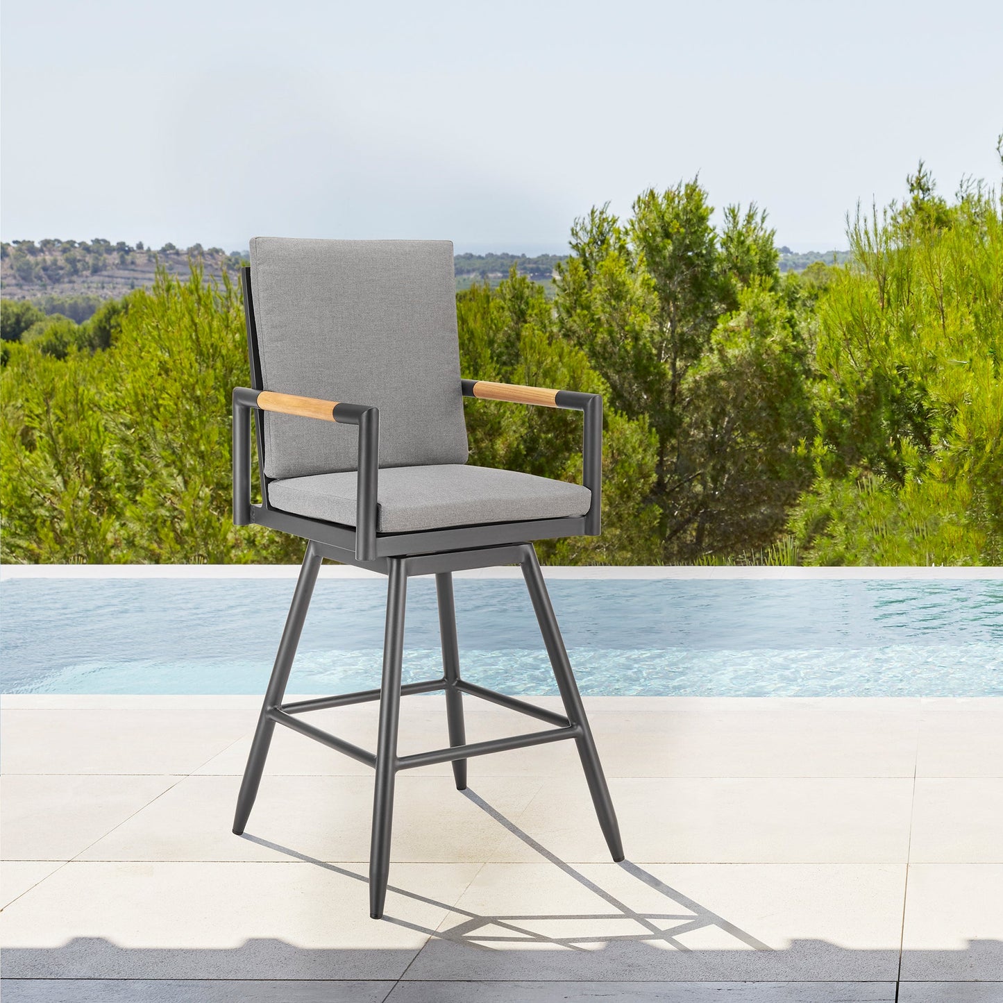 Crown Outdoor Patio Swivel Stool in Aluminum with Rope and Cushions