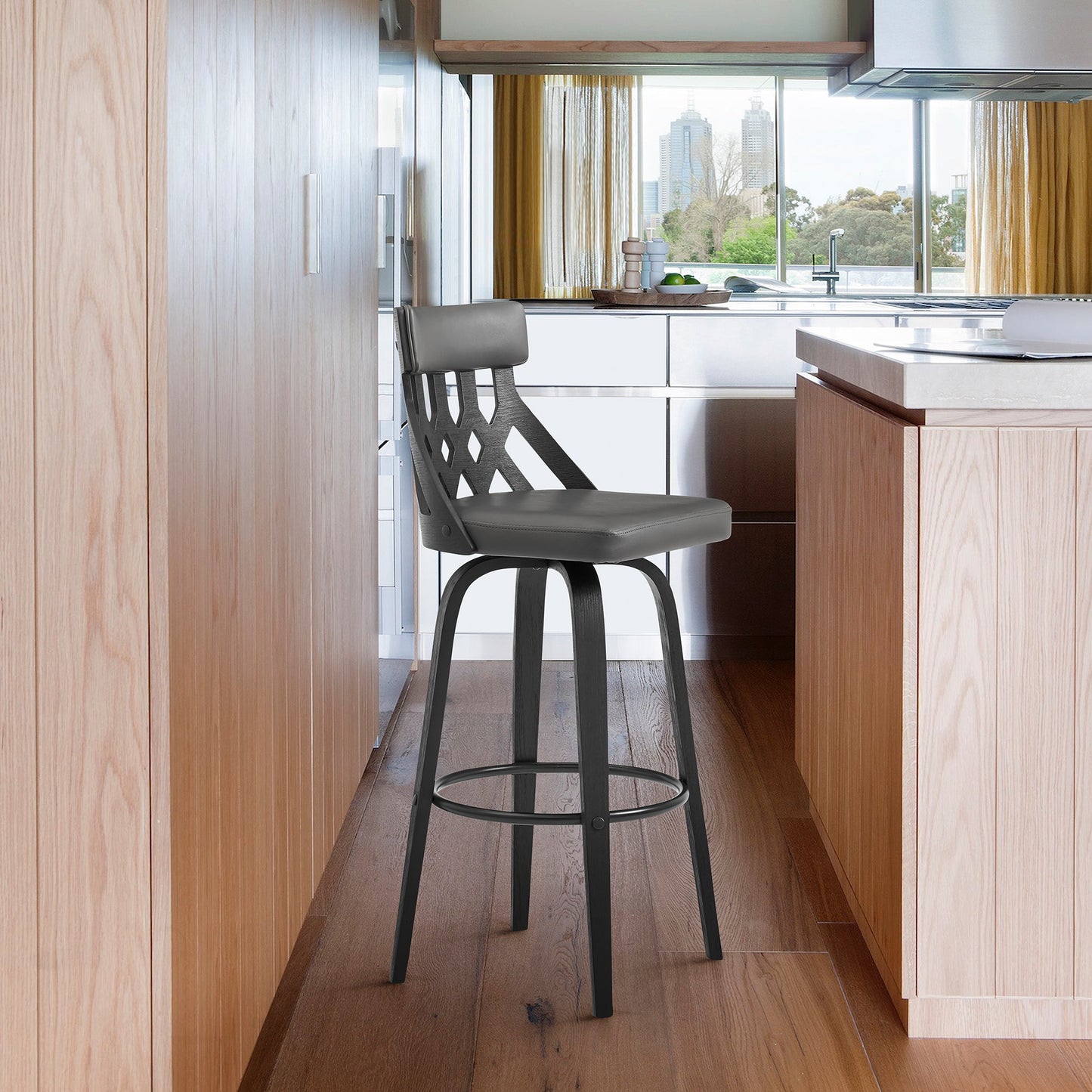 Crux Swivel Counter and Bar Stool in Faux Leather and Wood