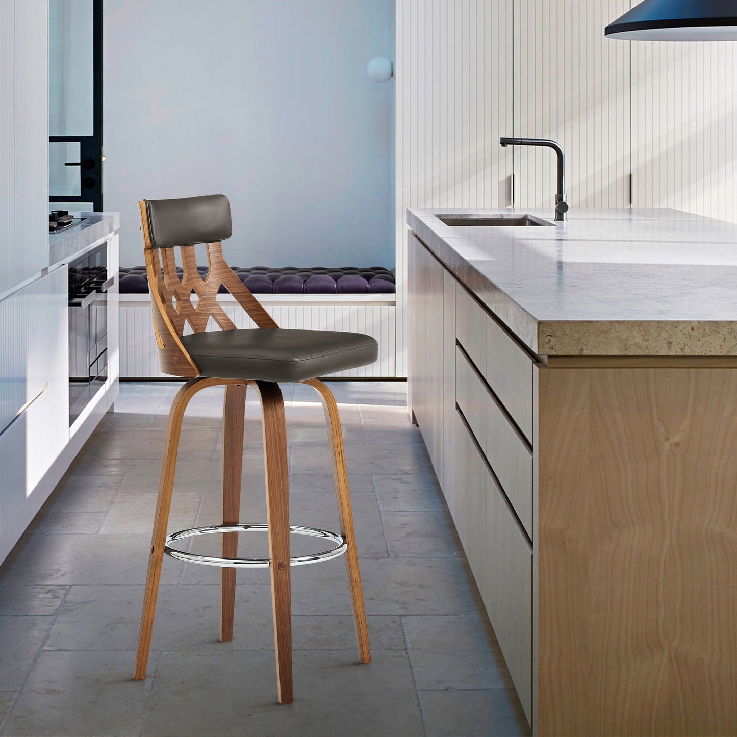 Crux Swivel Counter and Bar Stool in Faux Leather and Wood