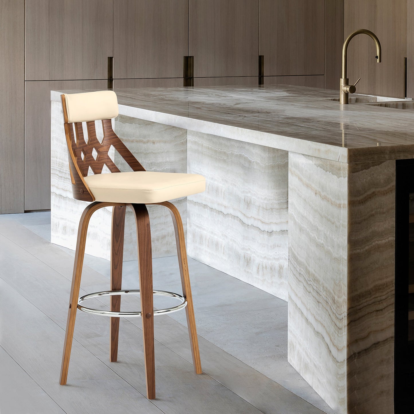 Crux Swivel Counter and Bar Stool in Faux Leather and Wood