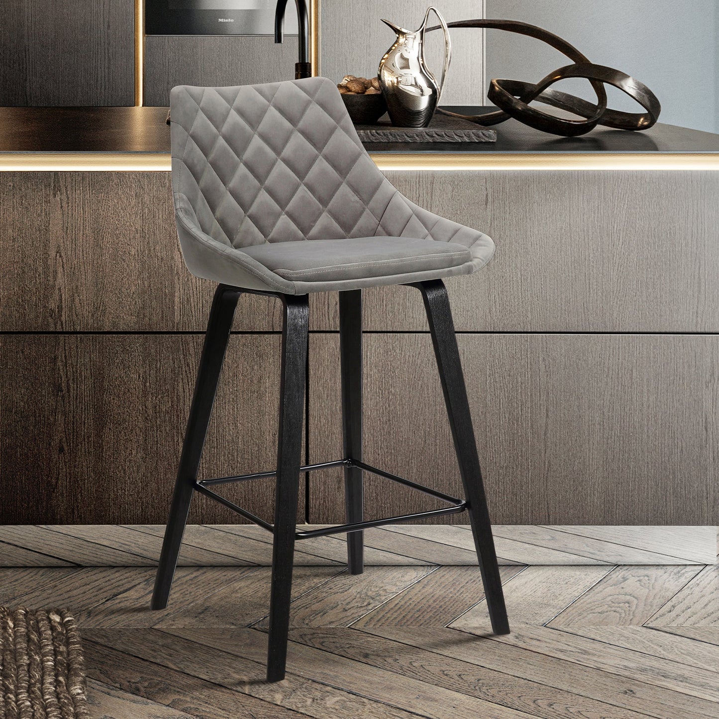 Dani 26" Velvet and Faux Leather Barstool in Wood Finish
